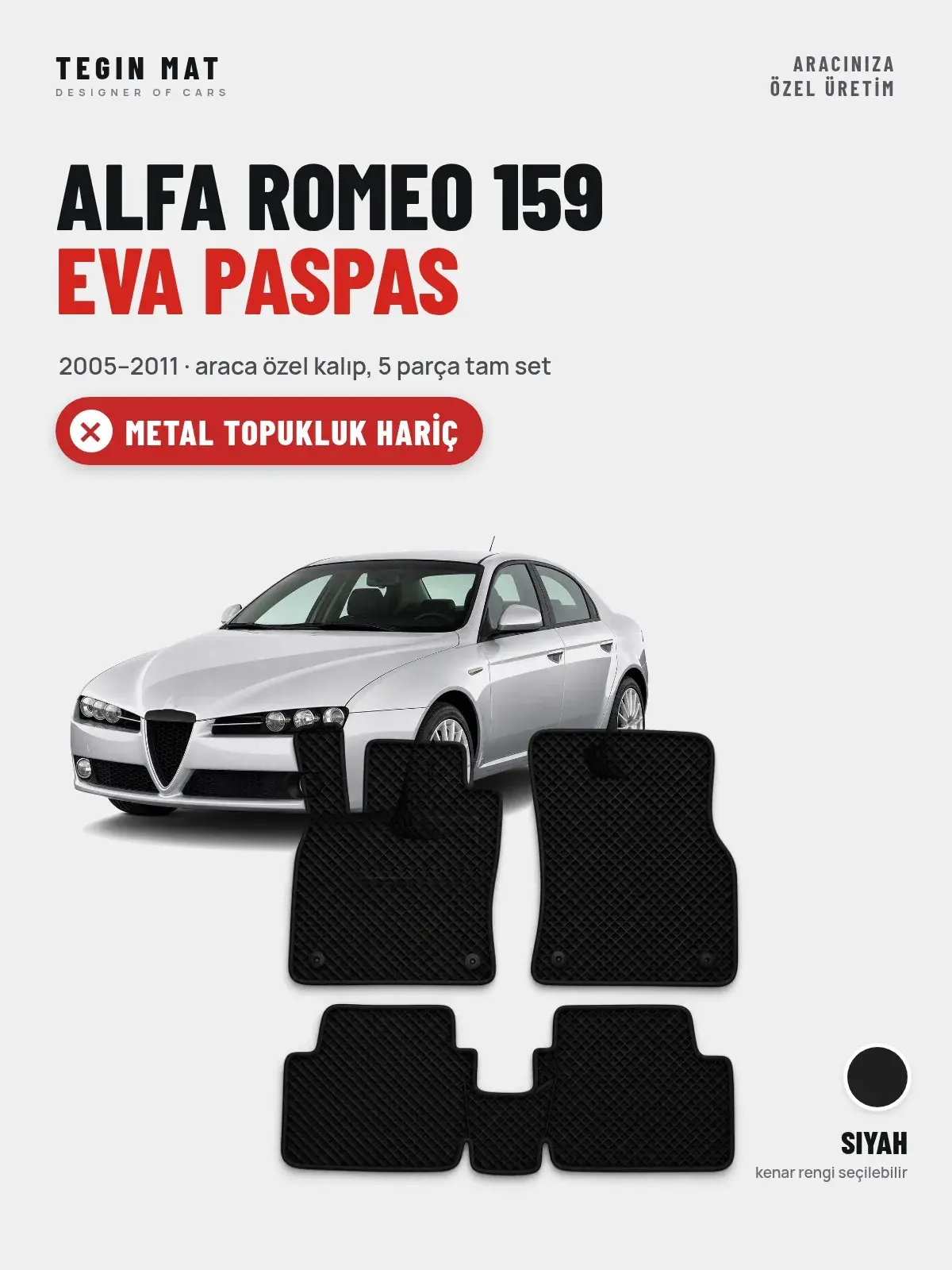 Alfa Romeo 159 EVA Oto Paspas Tam Set (2005–2011) Siyah – Metal Topukluk Hariç (1)
