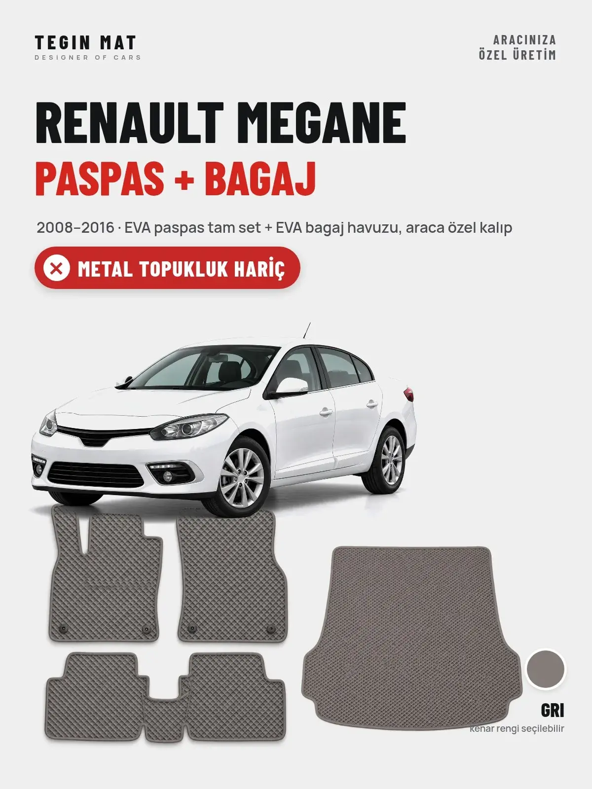 Renault Megane EVA Paspas + Bagaj Havuzu Seti (2008–2016) Gri – Metal Topukluk Hariç (1)