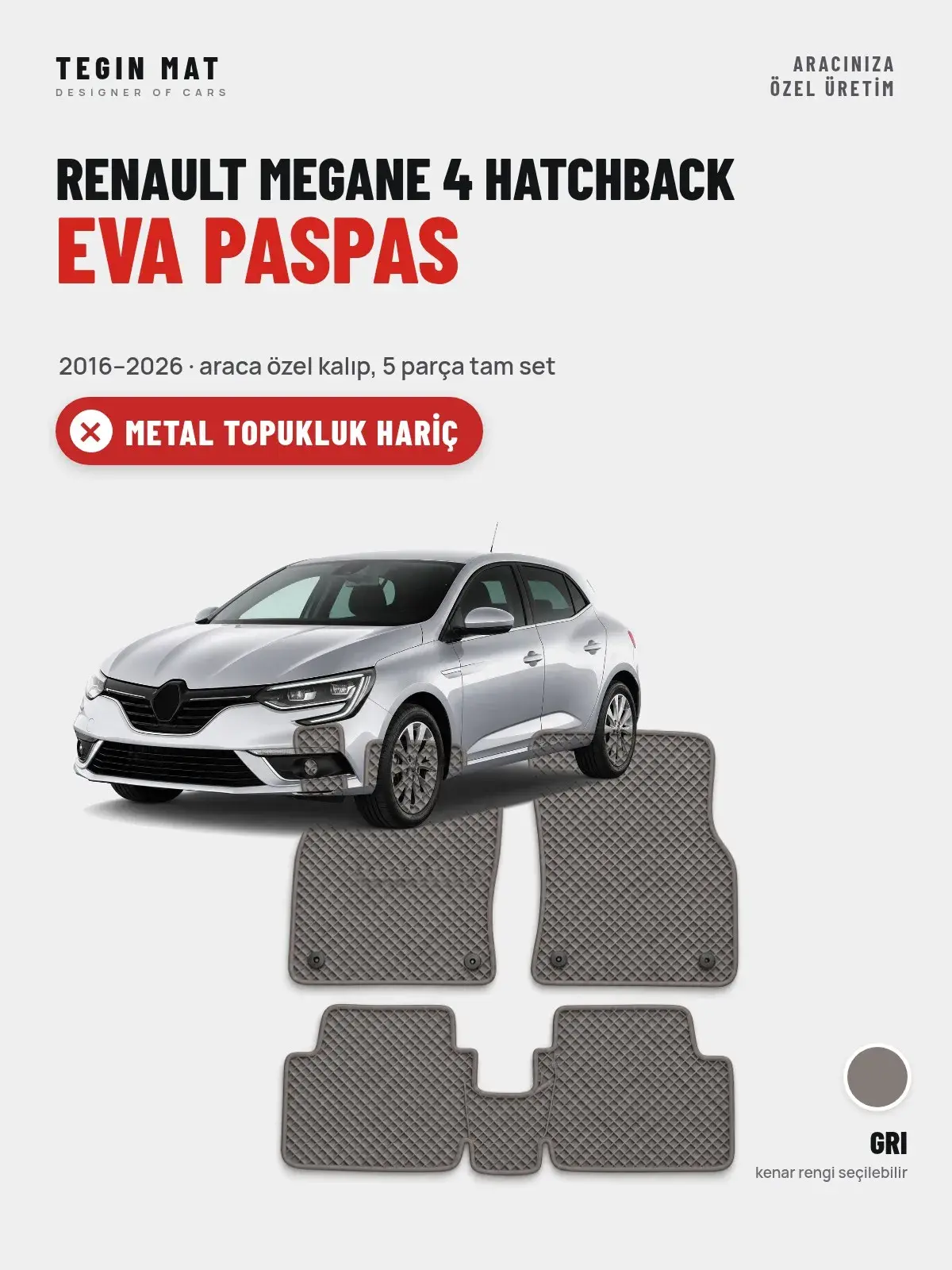 Renault Megane 4 Hatchback EVA Oto Paspas Tam Set (2016–2026) Gri – Metal Topukluk Hariç (1)