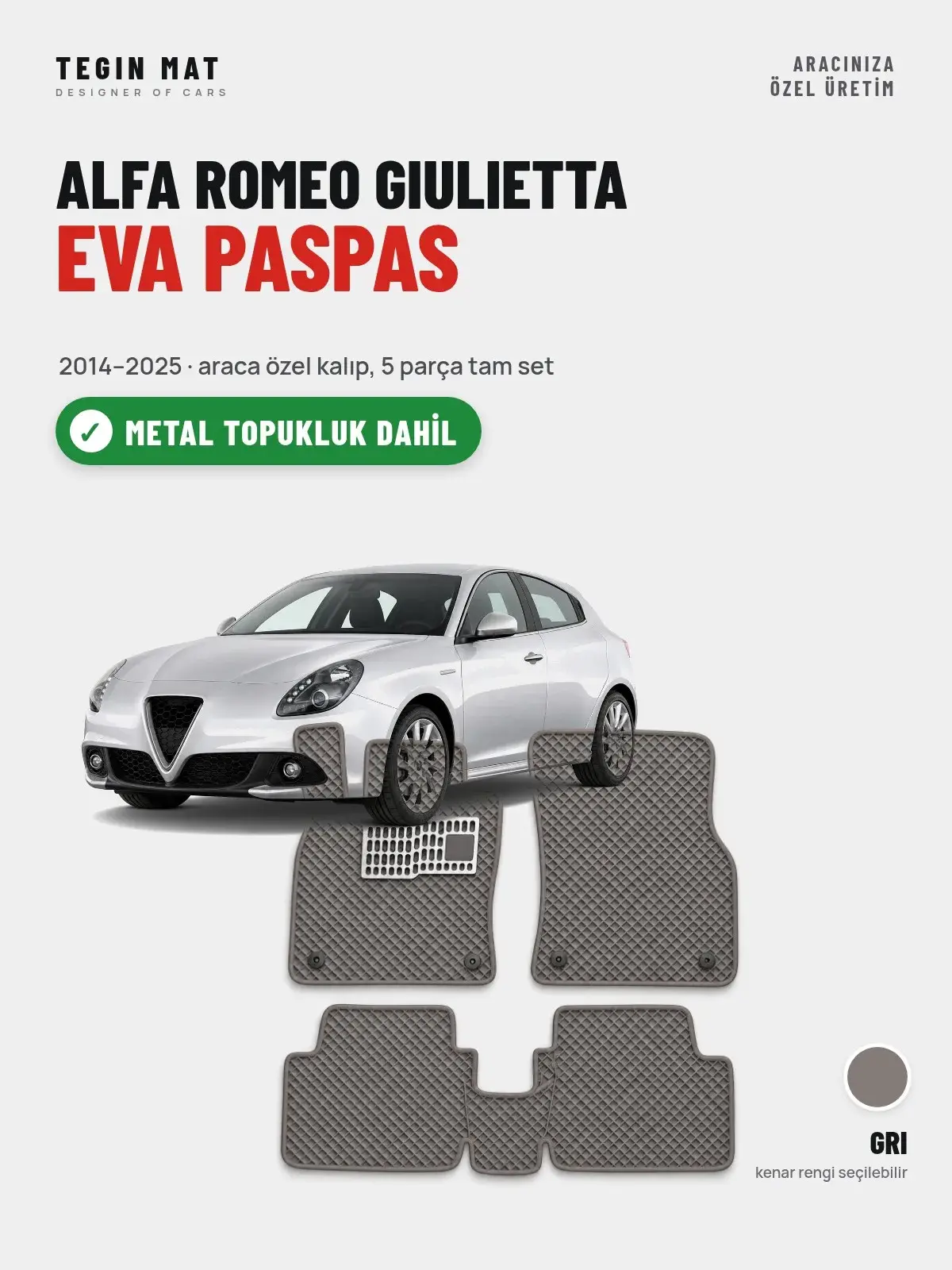Alfa Romeo Giulietta EVA Oto Paspas Tam Set (2014–2025) Gri – Metal Topukluk Dahil (1)