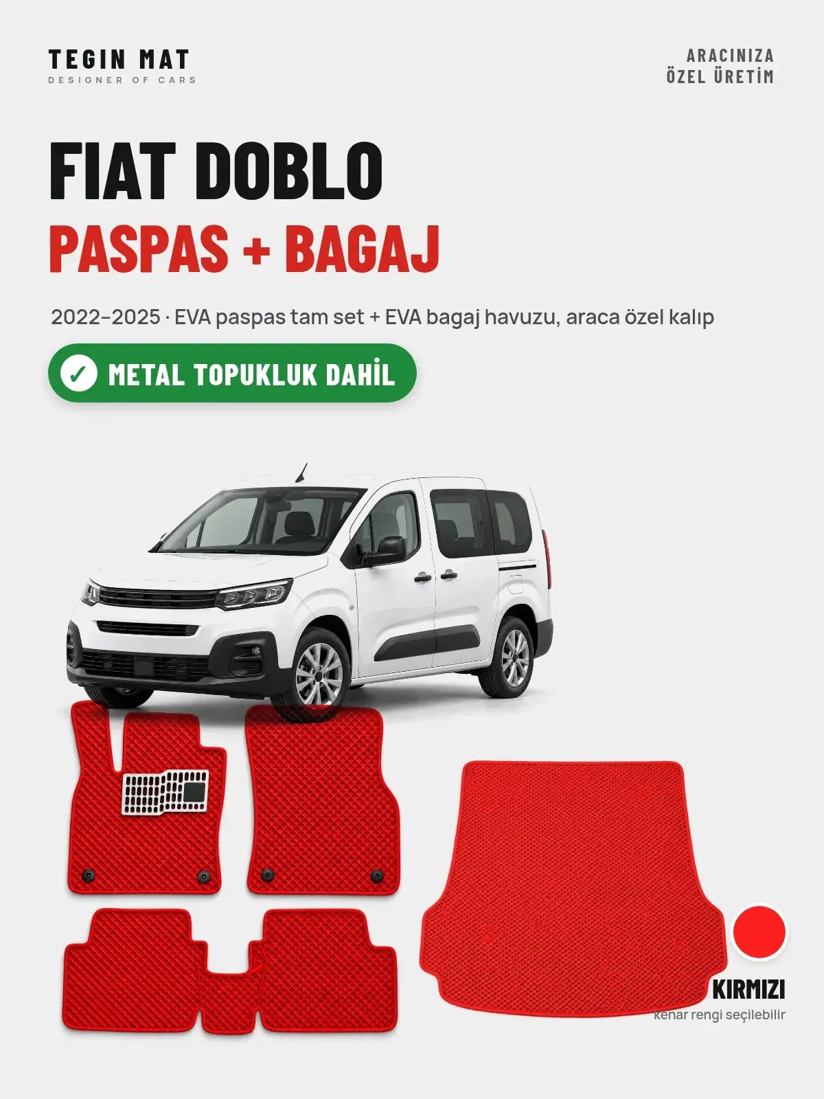 Fiat Doblo EVA Paspas + Bagaj Havuzu Seti (2022–2025) Kırmızı – Metal Topukluk Dahil (1)