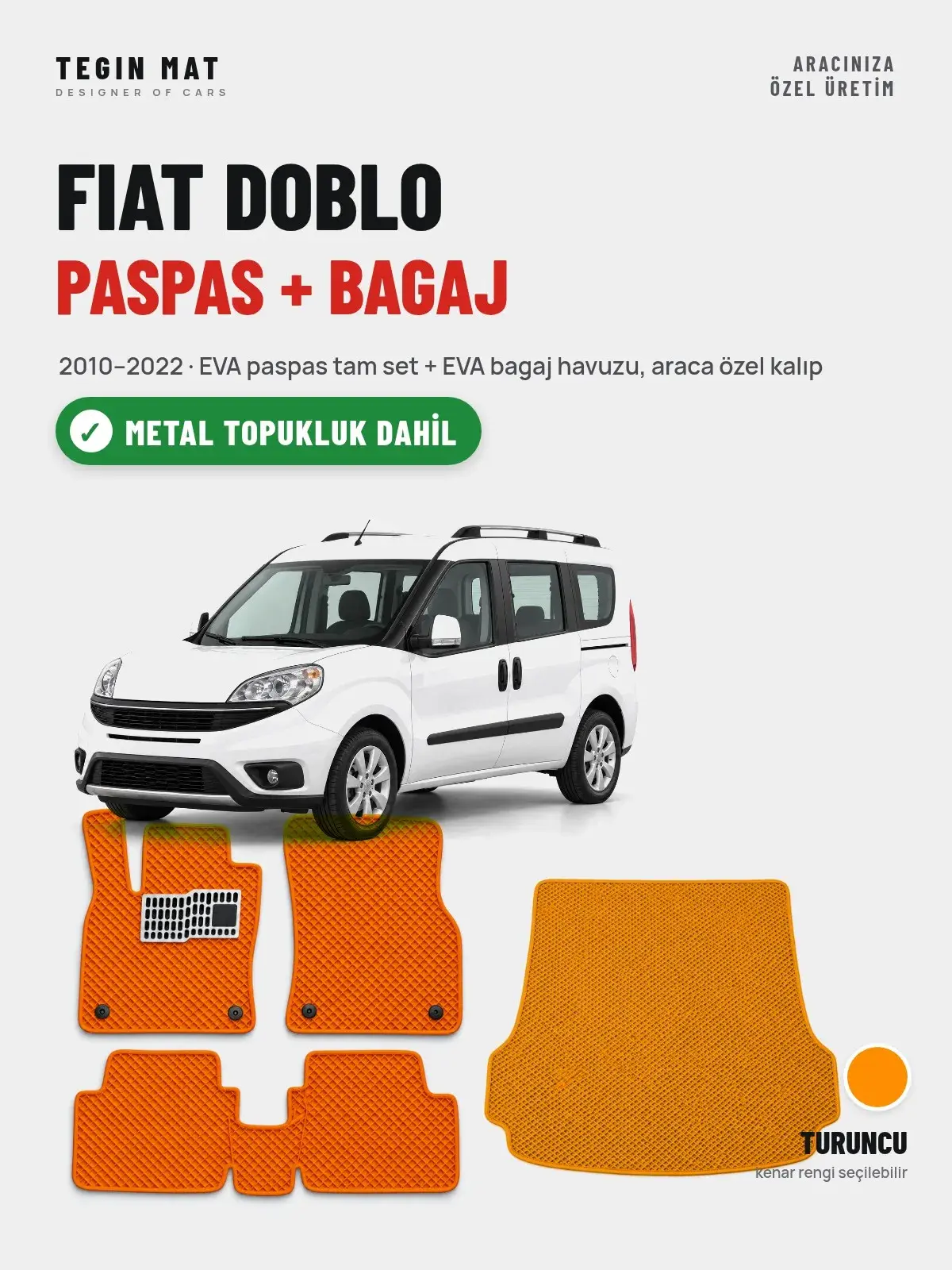 Fiat Doblo EVA Paspas + Bagaj Havuzu Seti (2010–2022) Turuncu – Metal Topukluk Dahil (1)