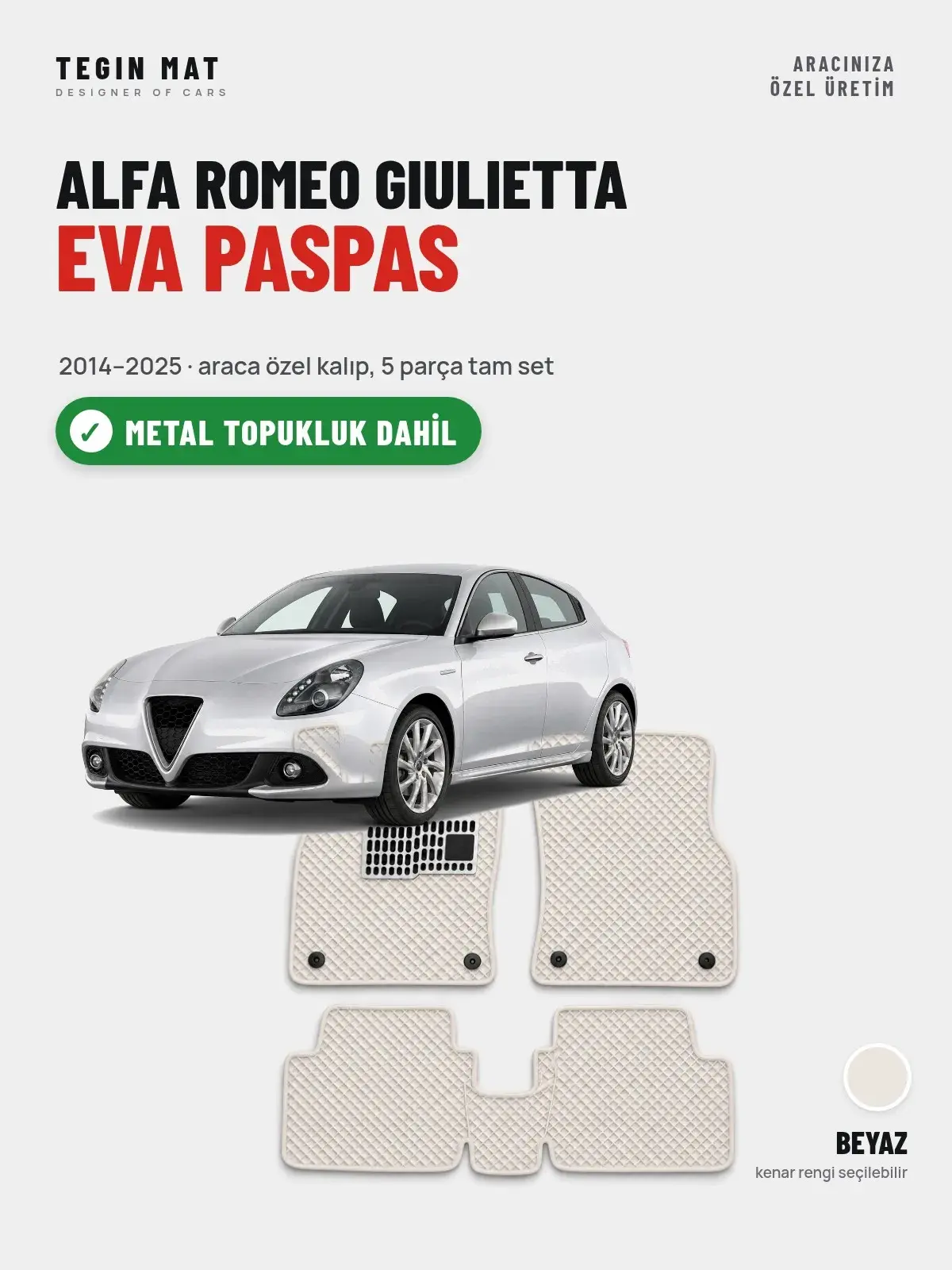 Alfa Romeo Giulietta EVA Oto Paspas Tam Set (2014–2025) Beyaz – Metal Topukluk Dahil (1)