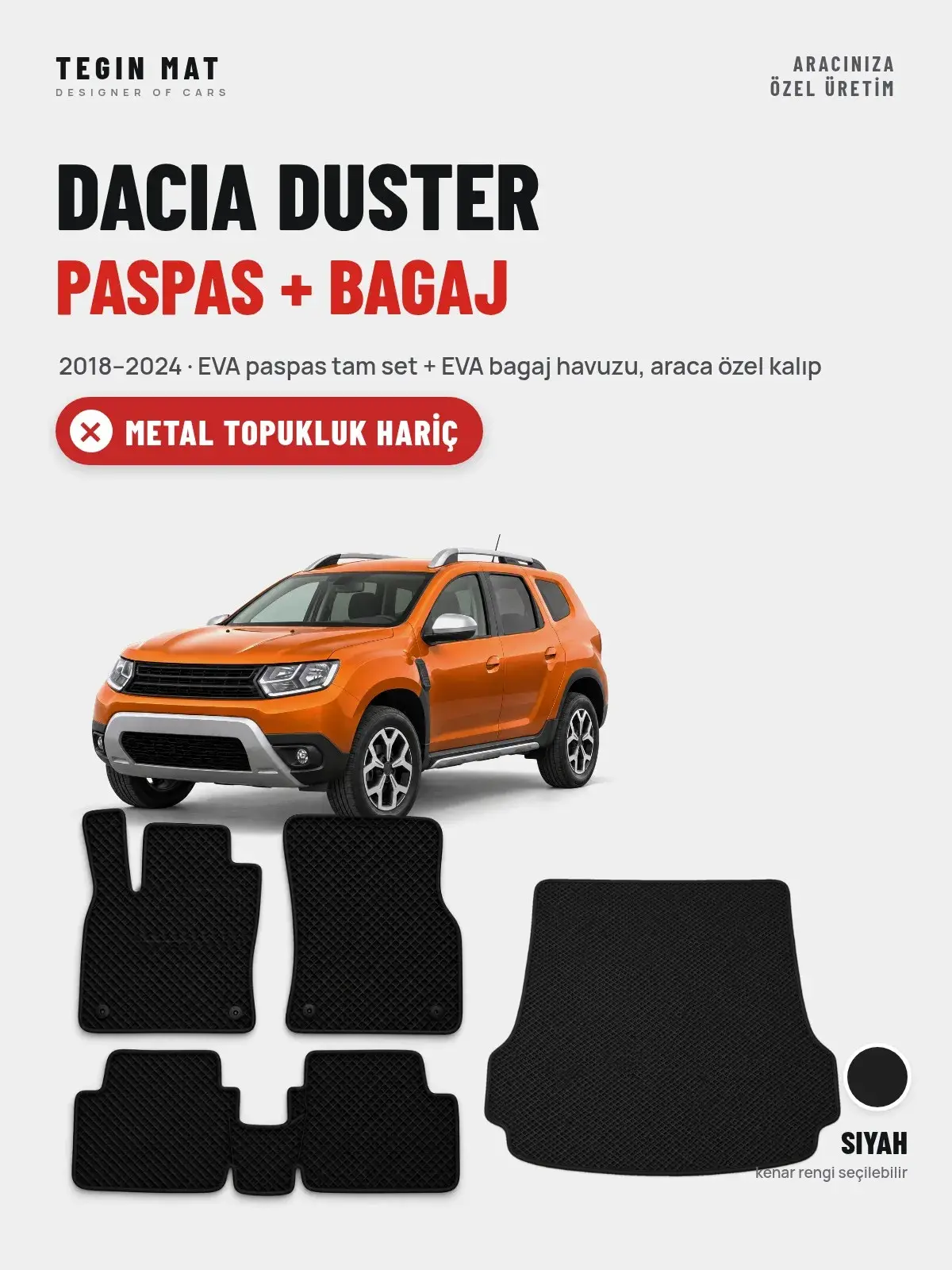 Dacia Duster EVA Paspas + Bagaj Havuzu Seti (2018–2024) Siyah – Metal Topukluk Hariç (1)