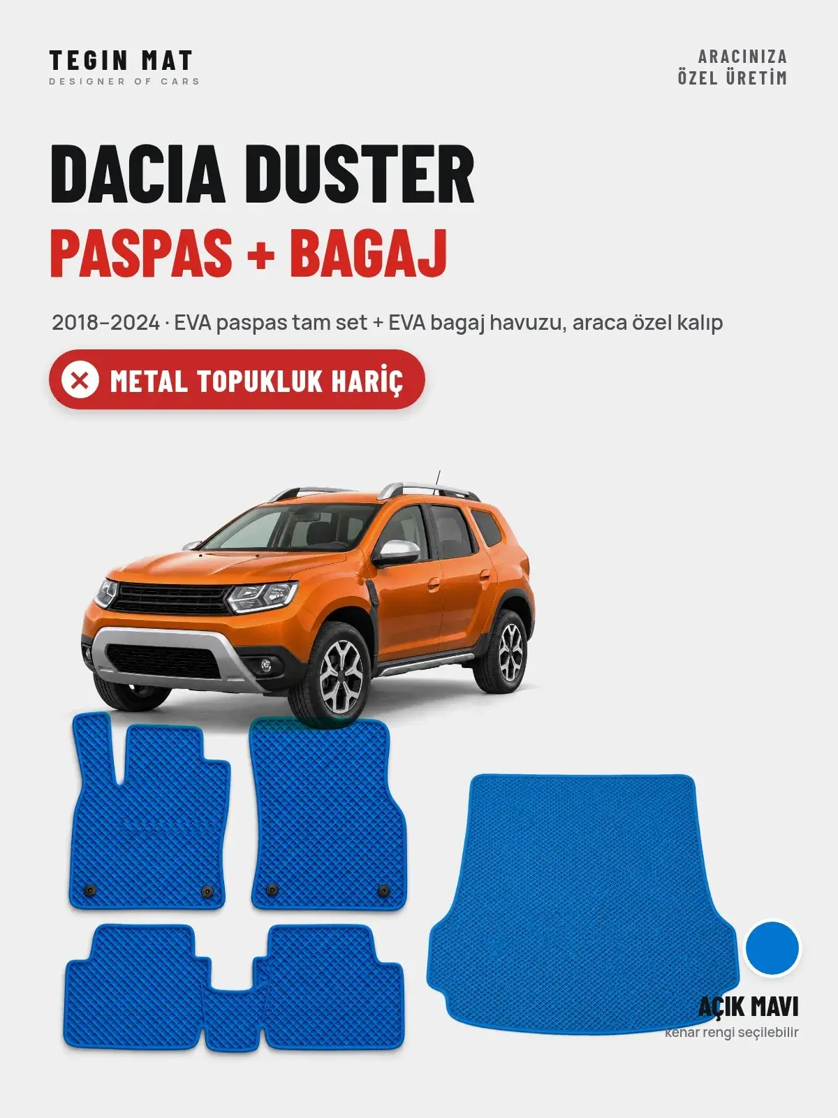 Dacia Duster EVA Paspas + Bagaj Havuzu Seti (2018–2024) Açık Mavi – Metal Topukluk Hariç (1)