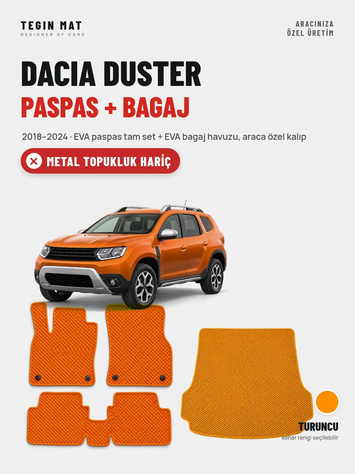 Dacia Duster EVA Paspas + Bagaj Havuzu Seti (2018–2024) Turuncu – Metal Topukluk Hariç (1)