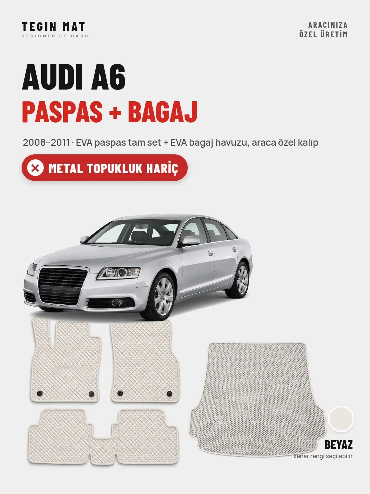 Audi A6 EVA Paspas + Bagaj Havuzu Seti (2008–2011) Beyaz – Metal Topukluk Hariç (1)