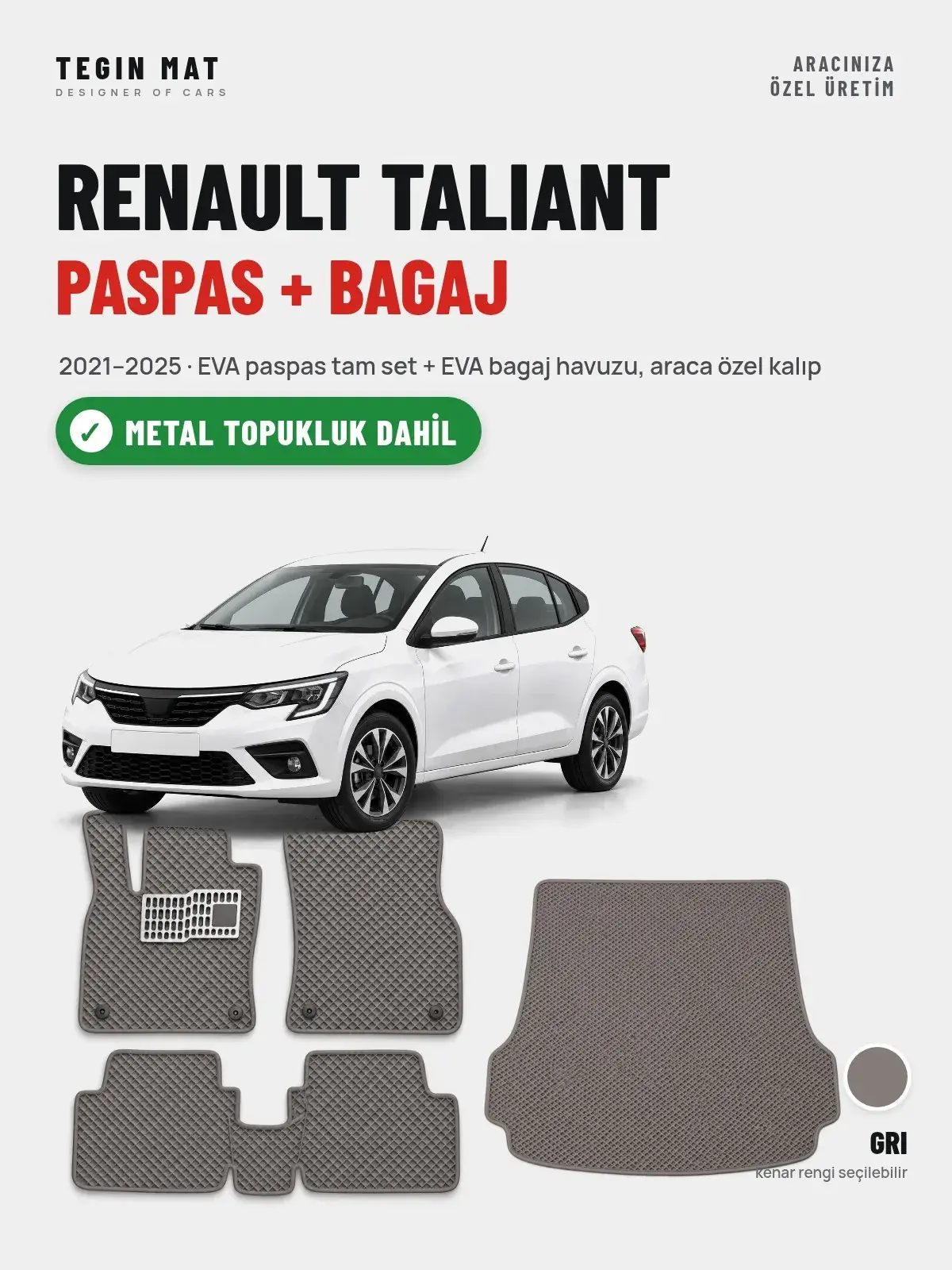 Renault Taliant EVA Paspas + Bagaj Havuzu Seti (2021–2025) Gri – Metal Topukluk Dahil (1)