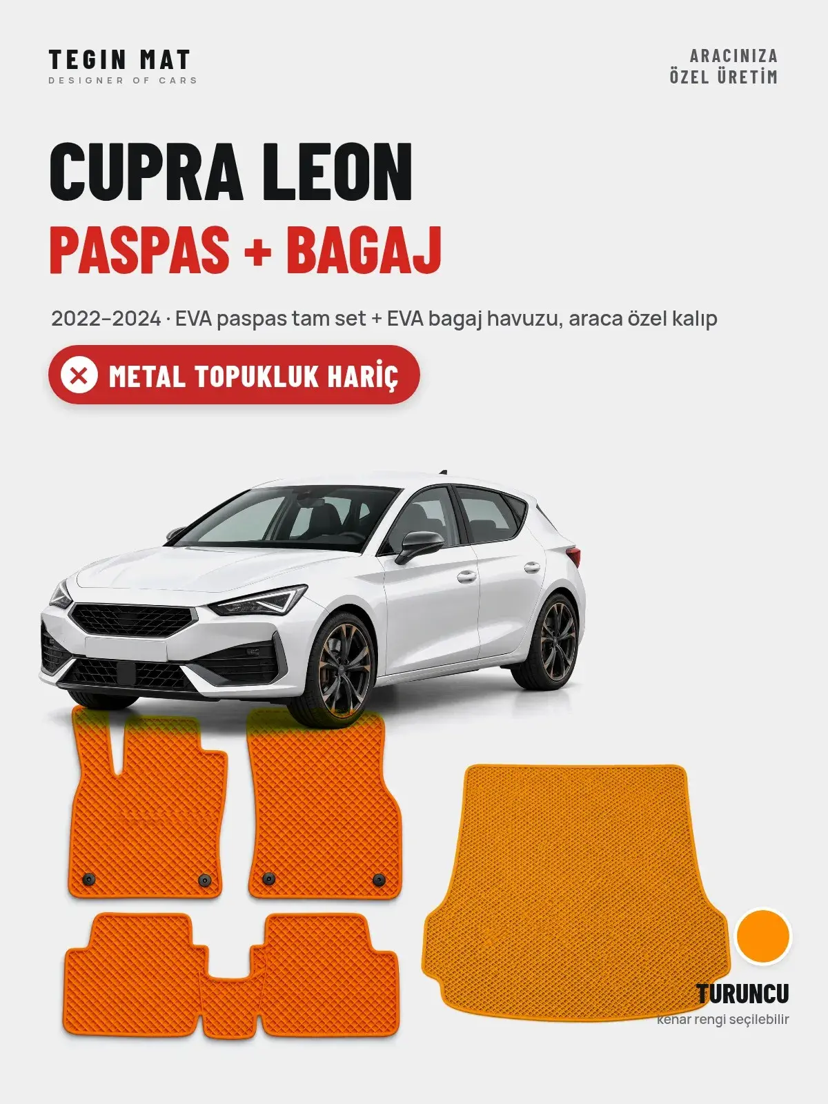 Cupra Leon EVA Paspas + Bagaj Havuzu Seti (2022–2024) Turuncu – Metal Topukluk Hariç (1)