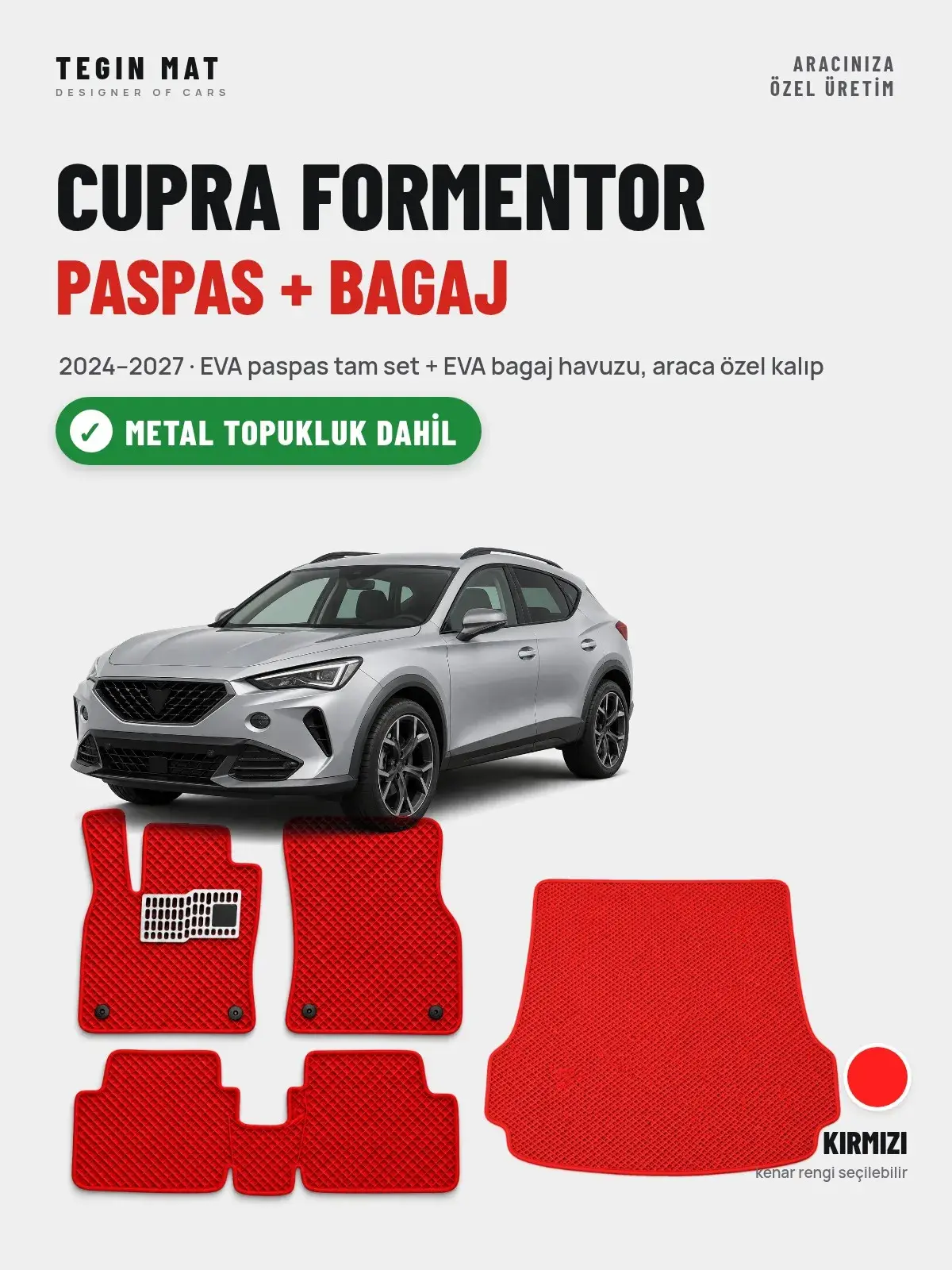 CUPRA Formentor EVA Paspas + Bagaj Havuzu Seti (2024–2027) Kırmızı – Metal Topukluk Dahil (1)