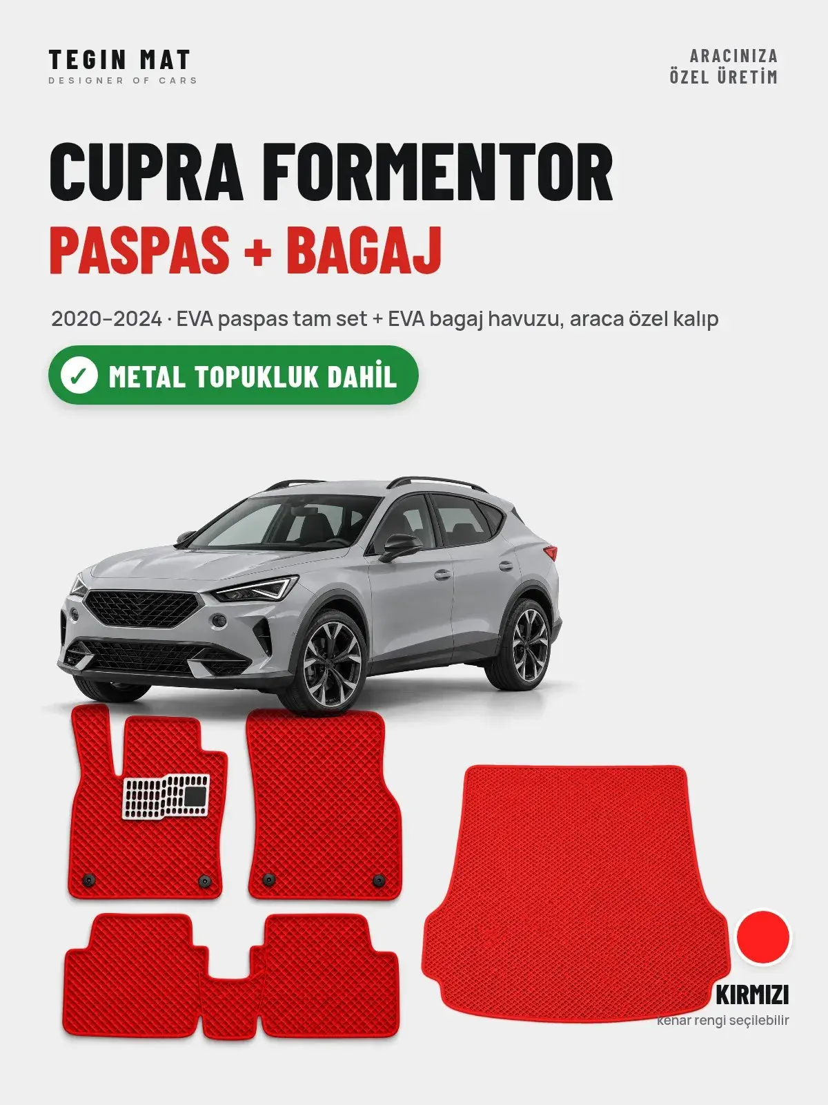Cupra Formentor EVA Paspas + Bagaj Havuzu Seti (2020–2024) Kırmızı – Metal Topukluk Dahil (1)