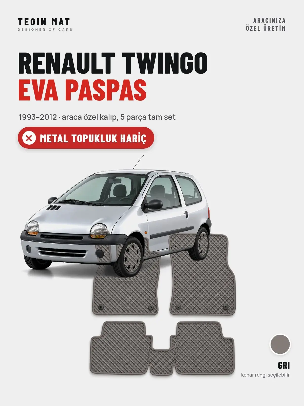 Renault Twingo EVA Oto Paspas Tam Set (1993–2012) Gri – Metal Topukluk Hariç (1)
