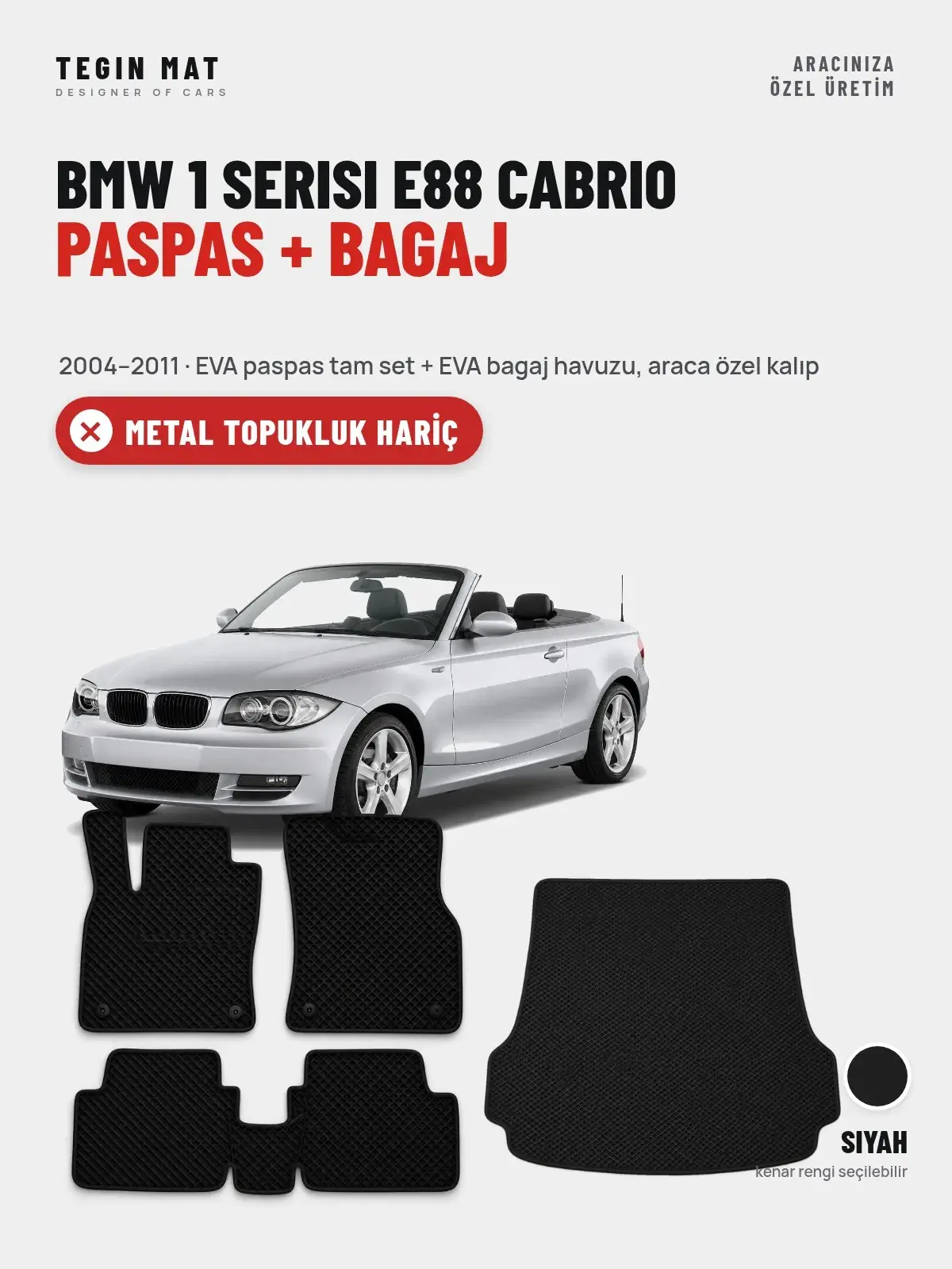 BMW 1 Serisi E88 Cabrio EVA Paspas + Bagaj Havuzu Seti (2004–2011) Siyah – Metal Topukluk Hariç (1)