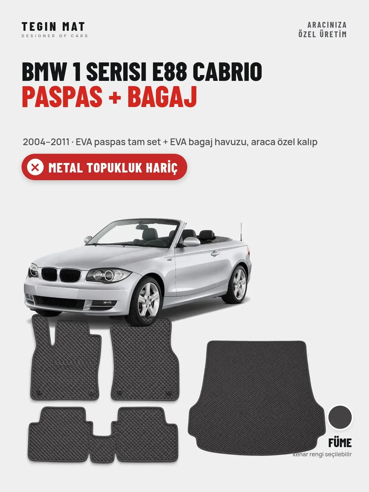 BMW 1 Serisi E88 Cabrio EVA Paspas + Bagaj Havuzu Seti (2004–2011) Füme – Metal Topukluk Hariç (1)