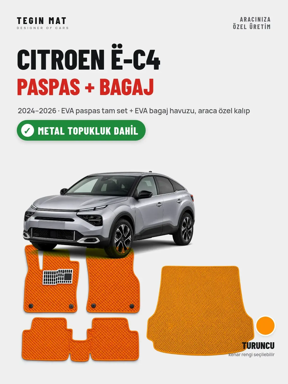 Citroen ë-C4 EVA Paspas + Bagaj Havuzu Seti (2024–2026) Turuncu – Metal Topukluk Dahil (1)