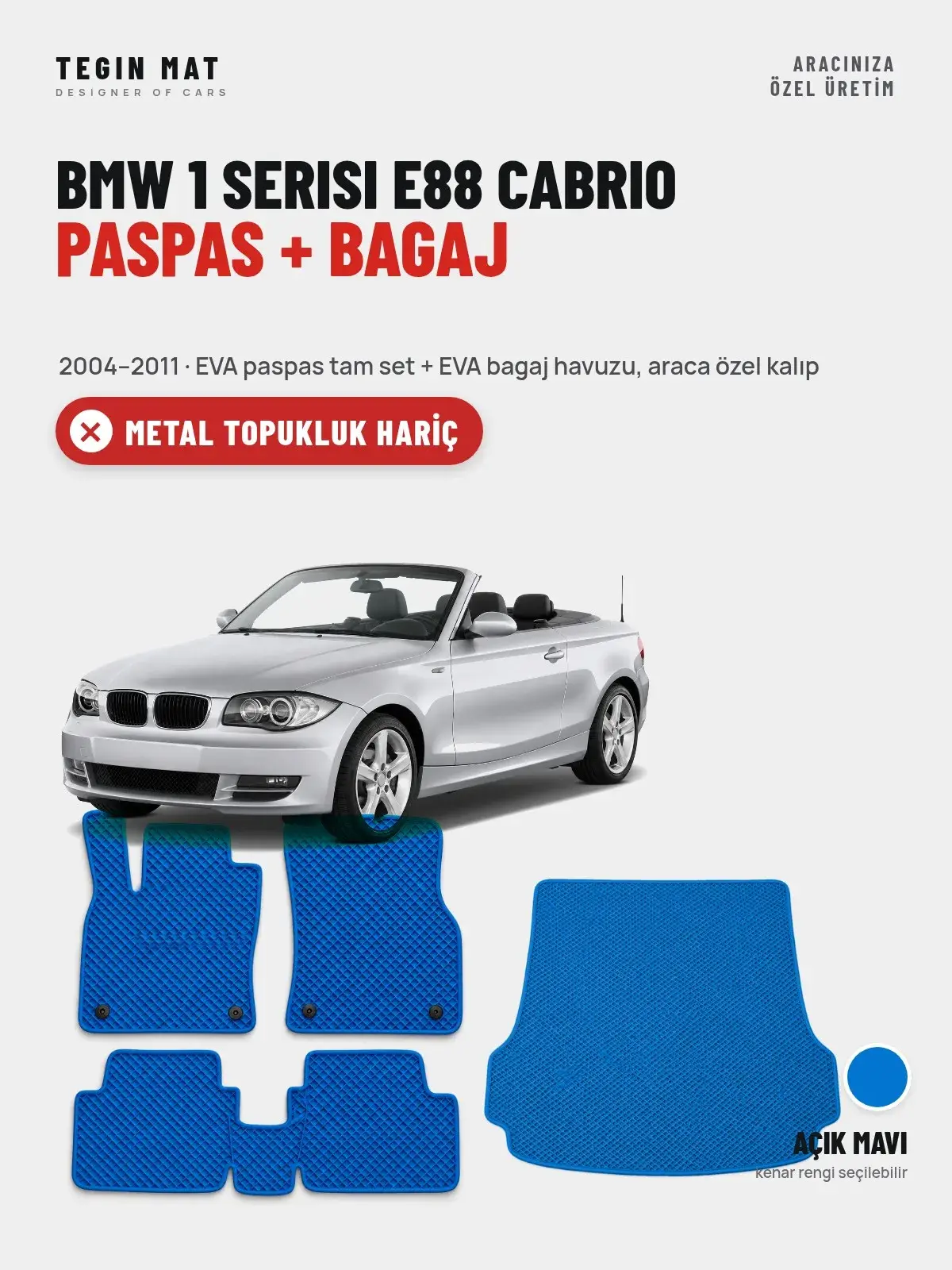 BMW 1 Serisi E88 Cabrio EVA Paspas + Bagaj Havuzu Seti (2004–2011) Açık Mavi – Metal Topukluk Hariç (1)