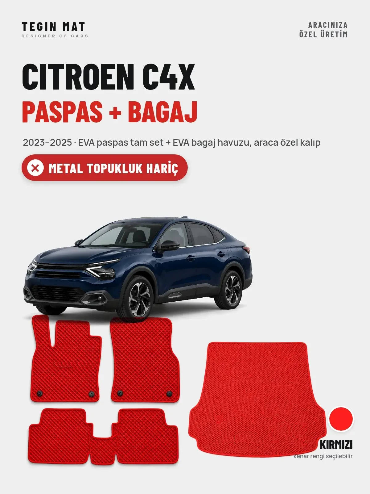 Citroen C4X EVA Paspas + Bagaj Havuzu Seti (2023–2025) Kırmızı – Metal Topukluk Hariç (1)