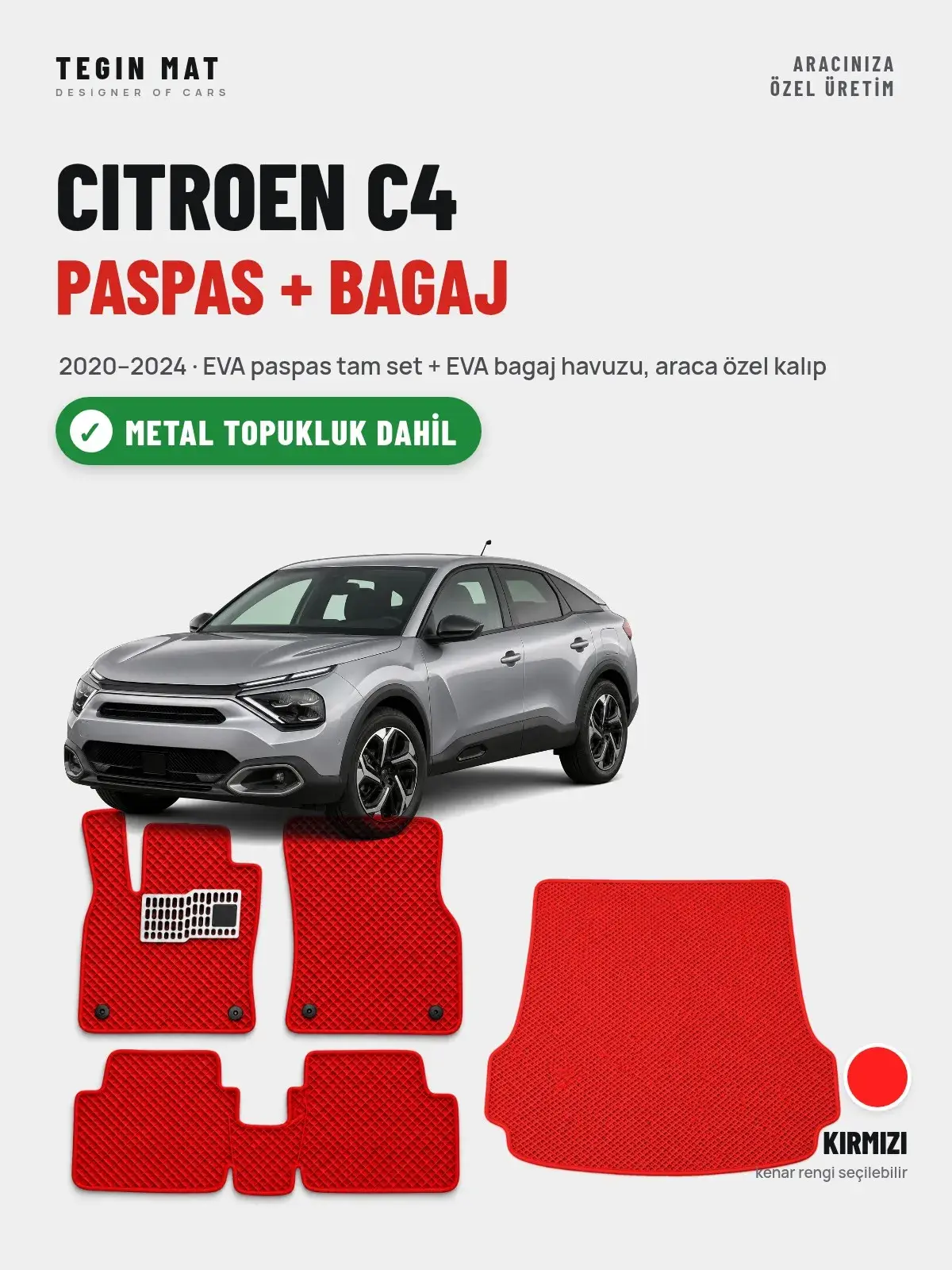 Citroen C4 EVA Paspas + Bagaj Havuzu Seti (2020–2024) Kırmızı – Metal Topukluk Dahil (1)