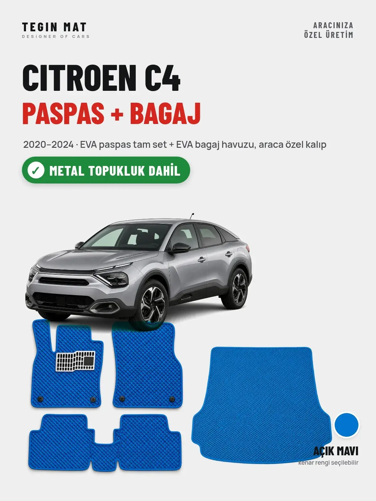 Citroen C4 EVA Paspas + Bagaj Havuzu Seti (2020–2024) Açık Mavi – Metal Topukluk Dahil (1)