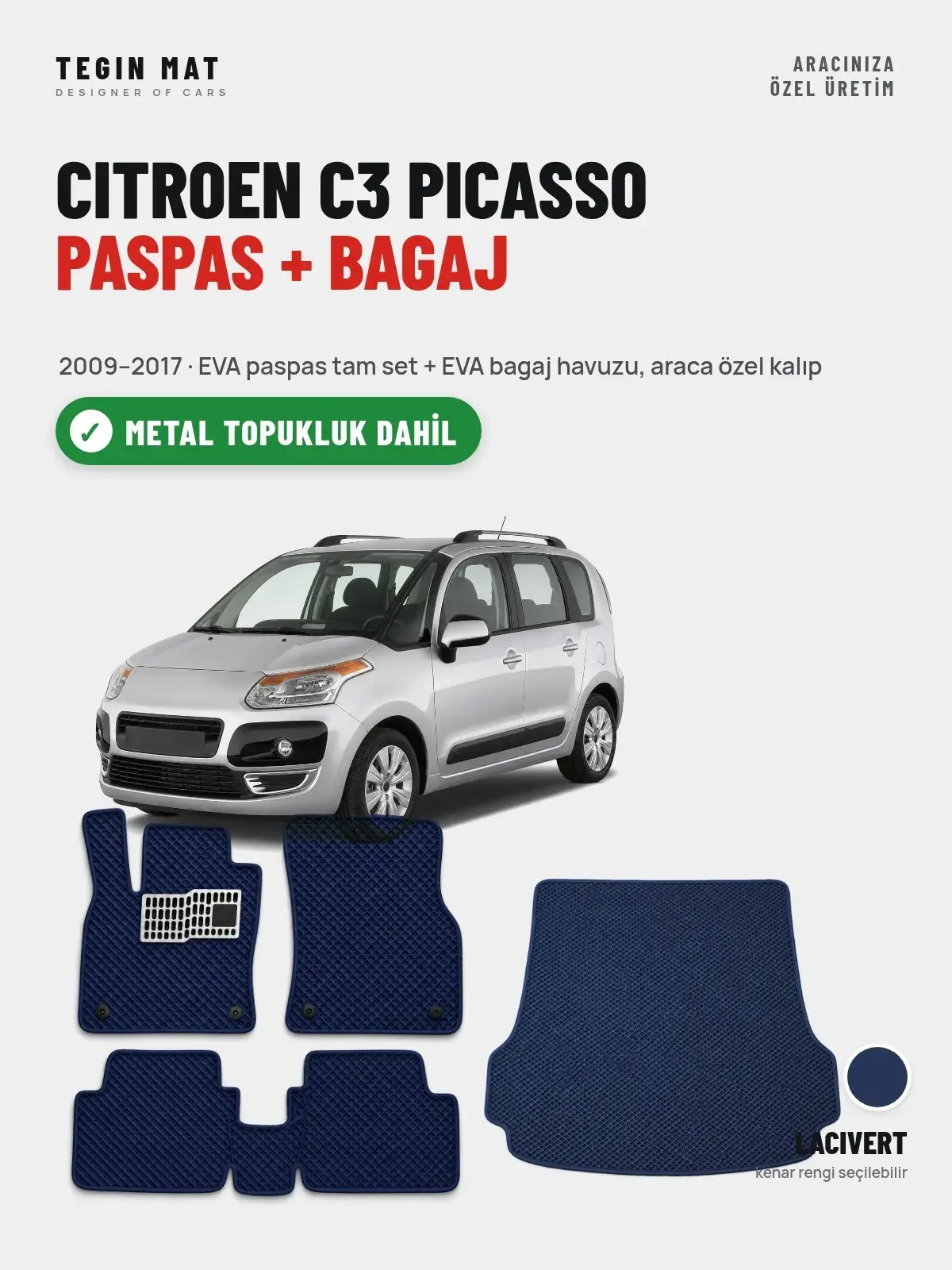 Citroen C3 Picasso EVA Paspas + Bagaj Havuzu Seti (2009–2017) Lacivert – Metal Topukluk Dahil (1)