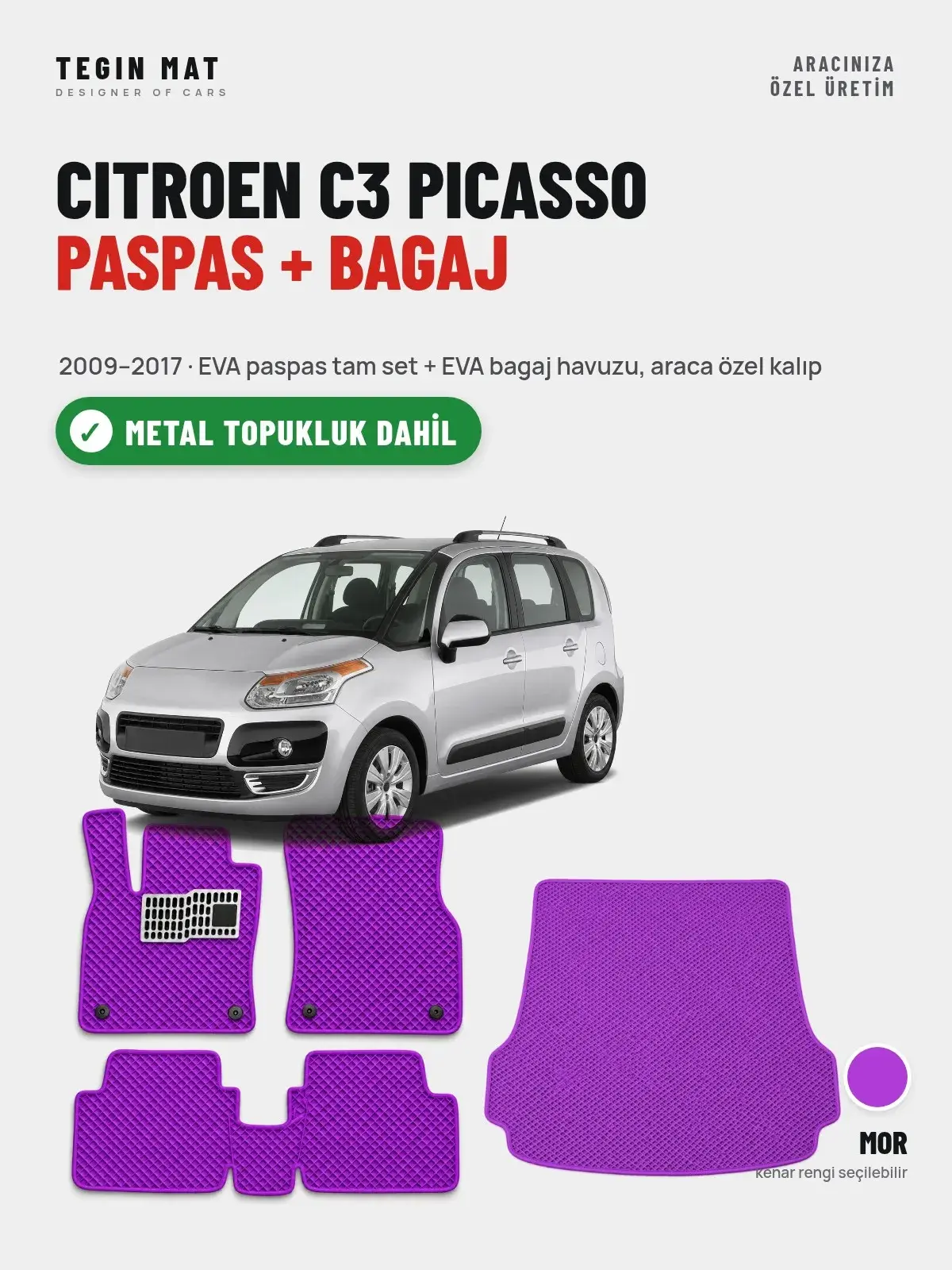Citroen C3 Picasso EVA Paspas + Bagaj Havuzu Seti (2009–2017) Mor – Metal Topukluk Dahil (1)