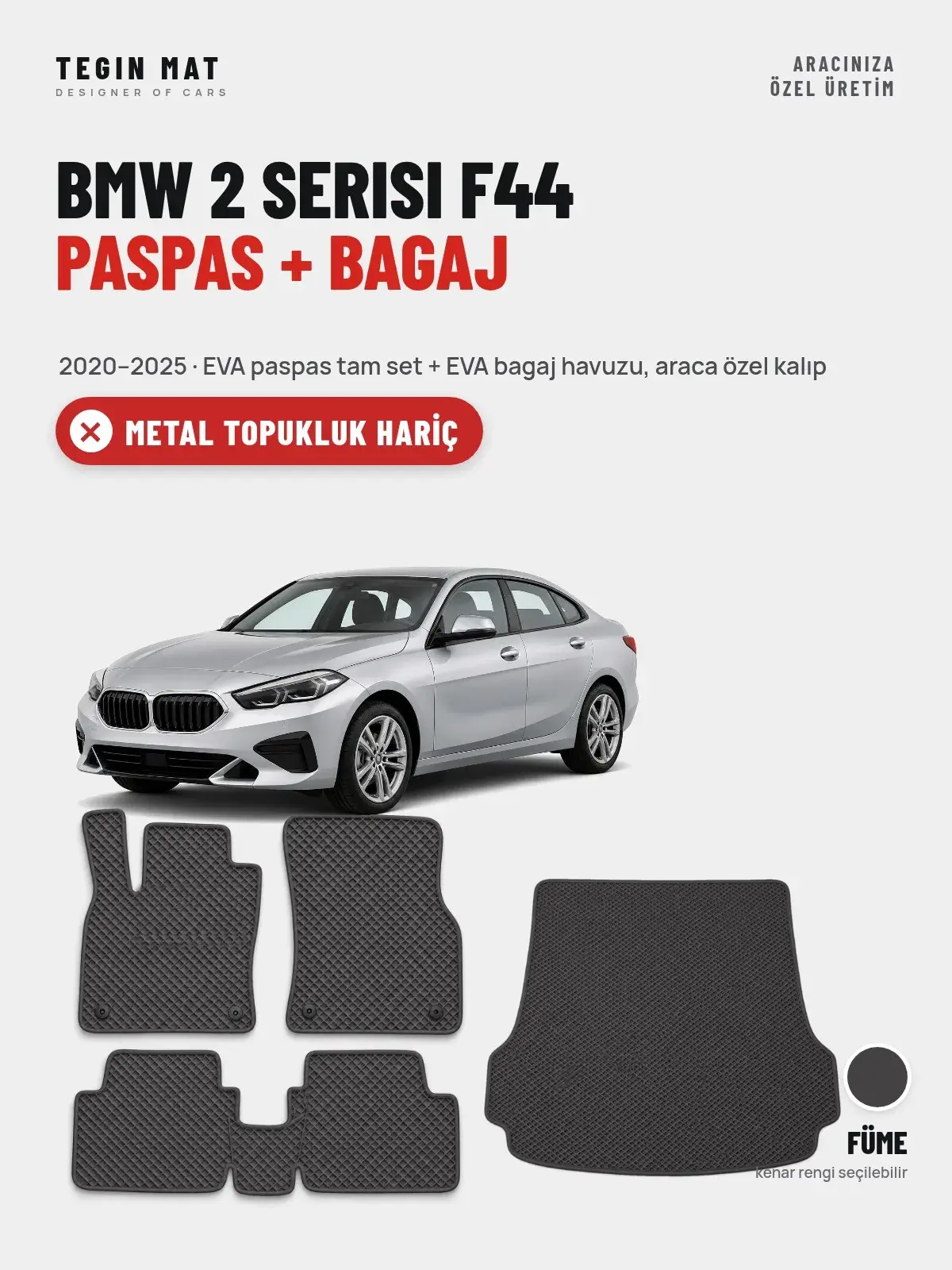 BMW 2 Serisi F44 EVA Paspas + Bagaj Havuzu Seti (2020–2025) Füme – Metal Topukluk Hariç (1)