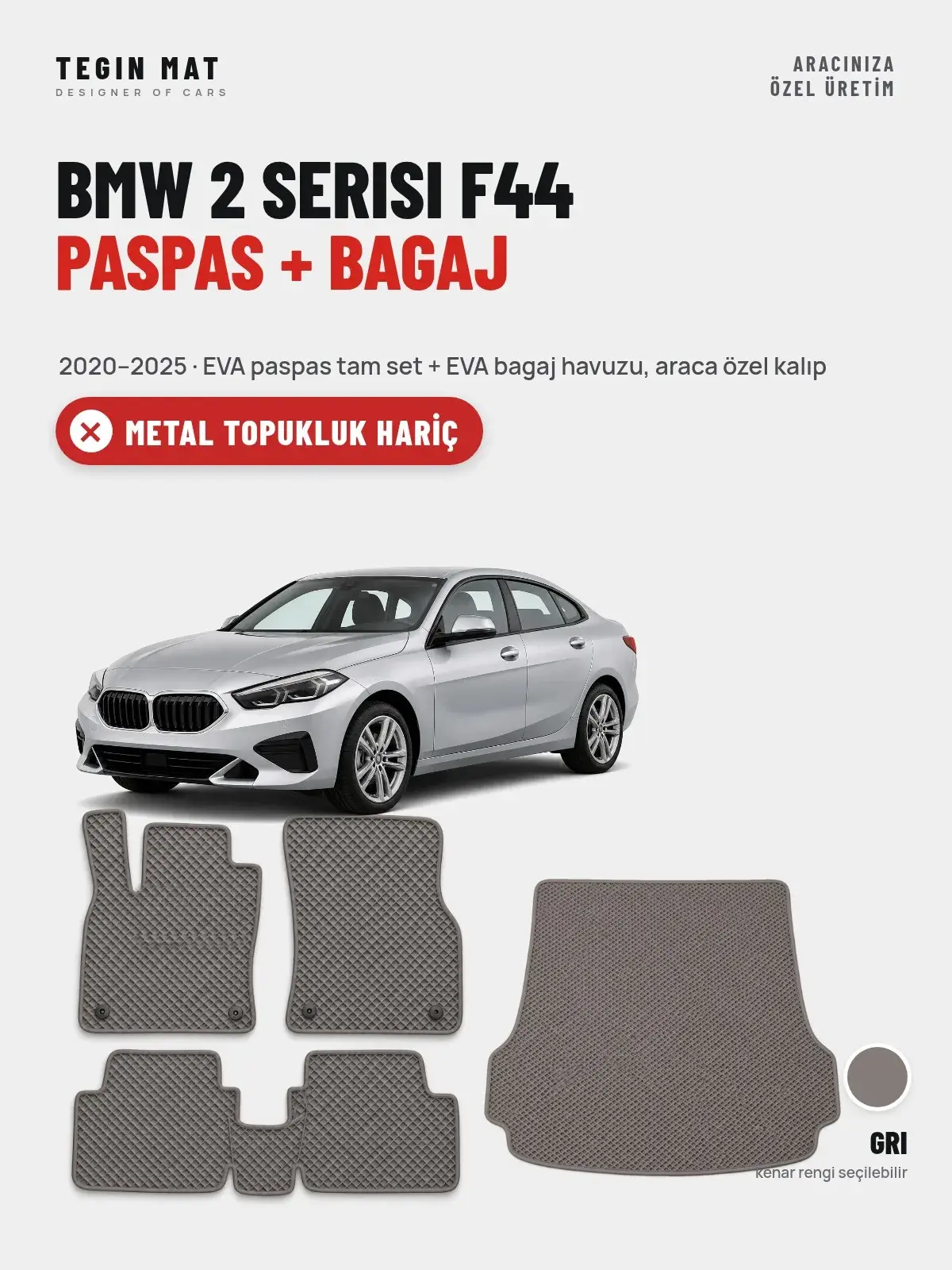 BMW 2 Serisi F44 EVA Paspas + Bagaj Havuzu Seti (2020–2025) Gri – Metal Topukluk Hariç (1)