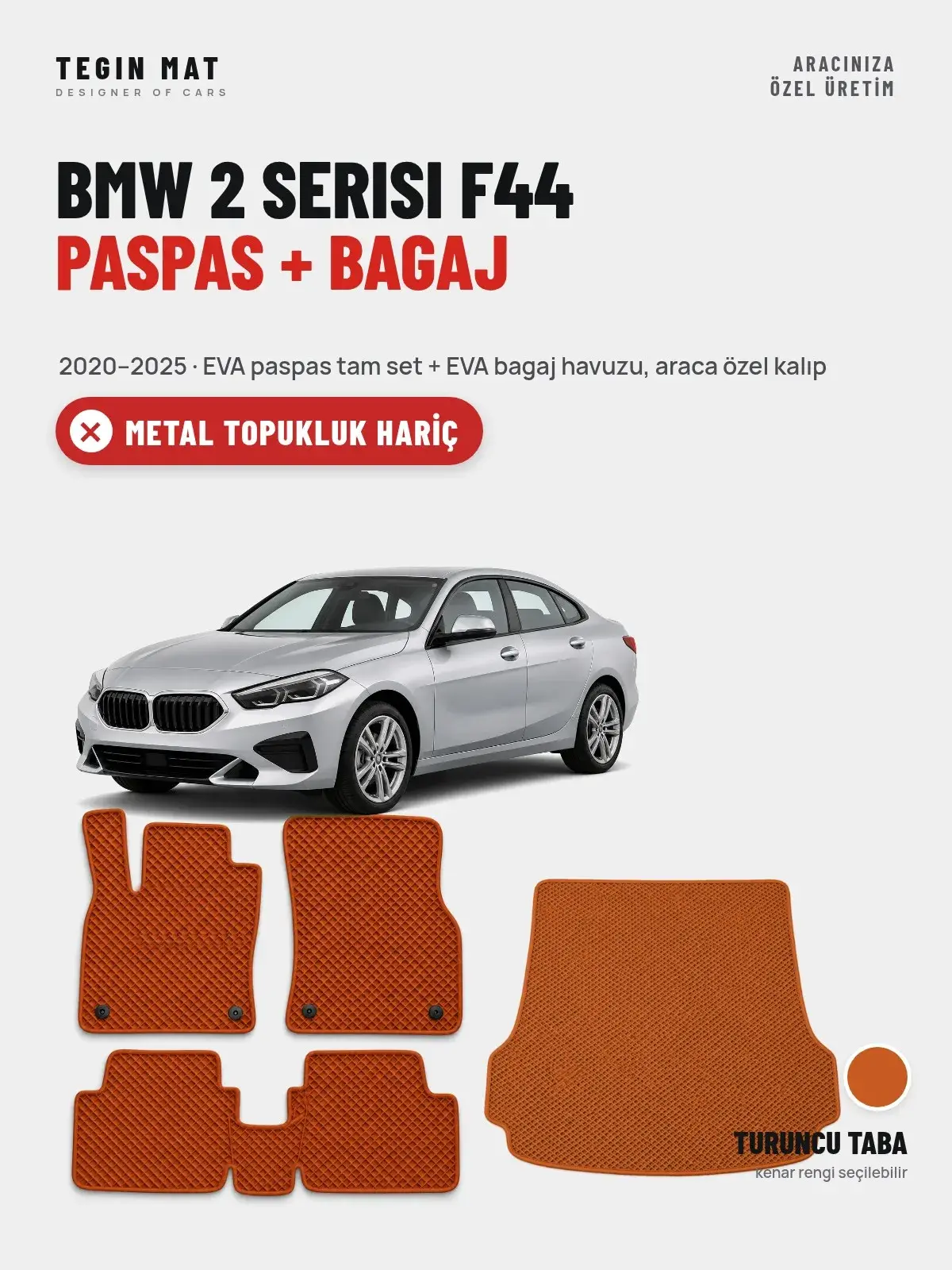 BMW 2 Serisi F44 EVA Paspas + Bagaj Havuzu Seti (2020–2025) Turuncu Taba – Metal Topukluk Hariç (1)