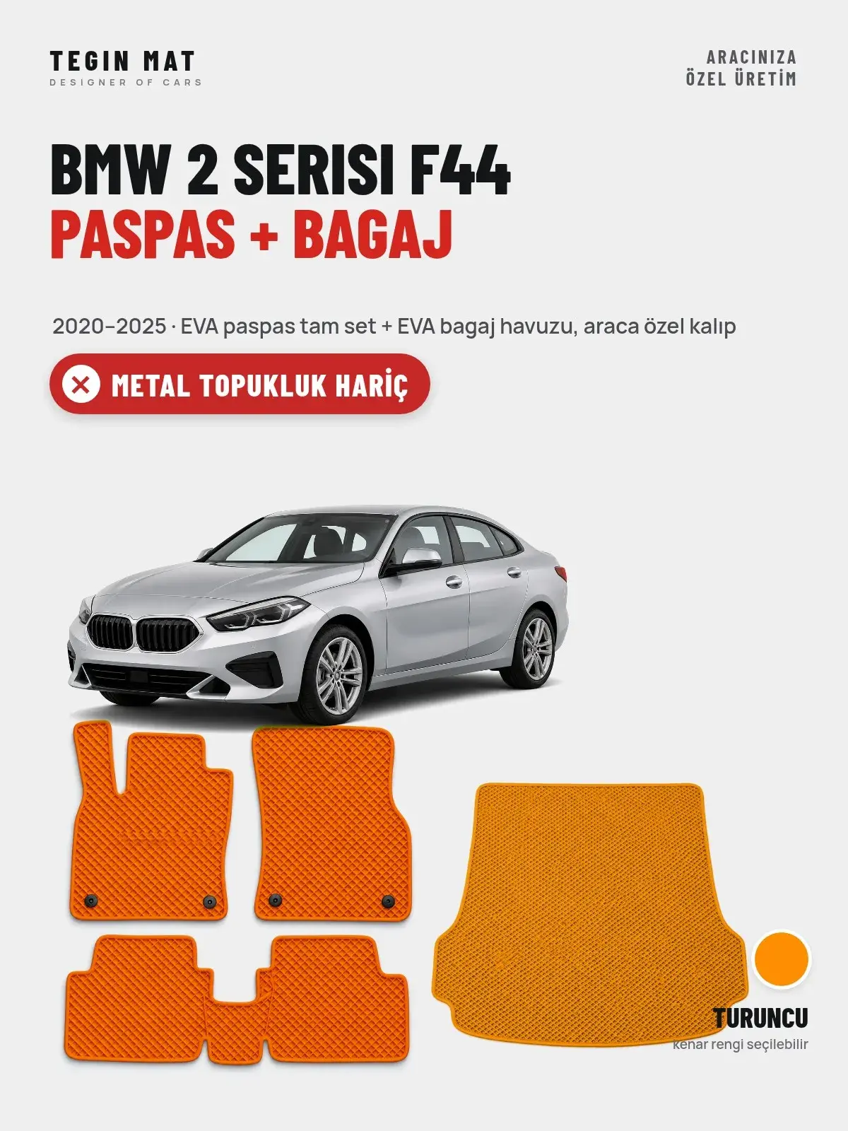 BMW 2 Serisi F44 EVA Paspas + Bagaj Havuzu Seti (2020–2025) Turuncu – Metal Topukluk Hariç (1)