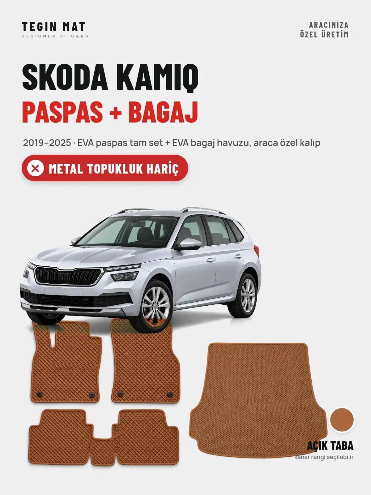 Skoda Kamiq EVA Paspas + Bagaj Havuzu Seti (2019–2025) Açık Taba – Metal Topukluk Hariç (1)