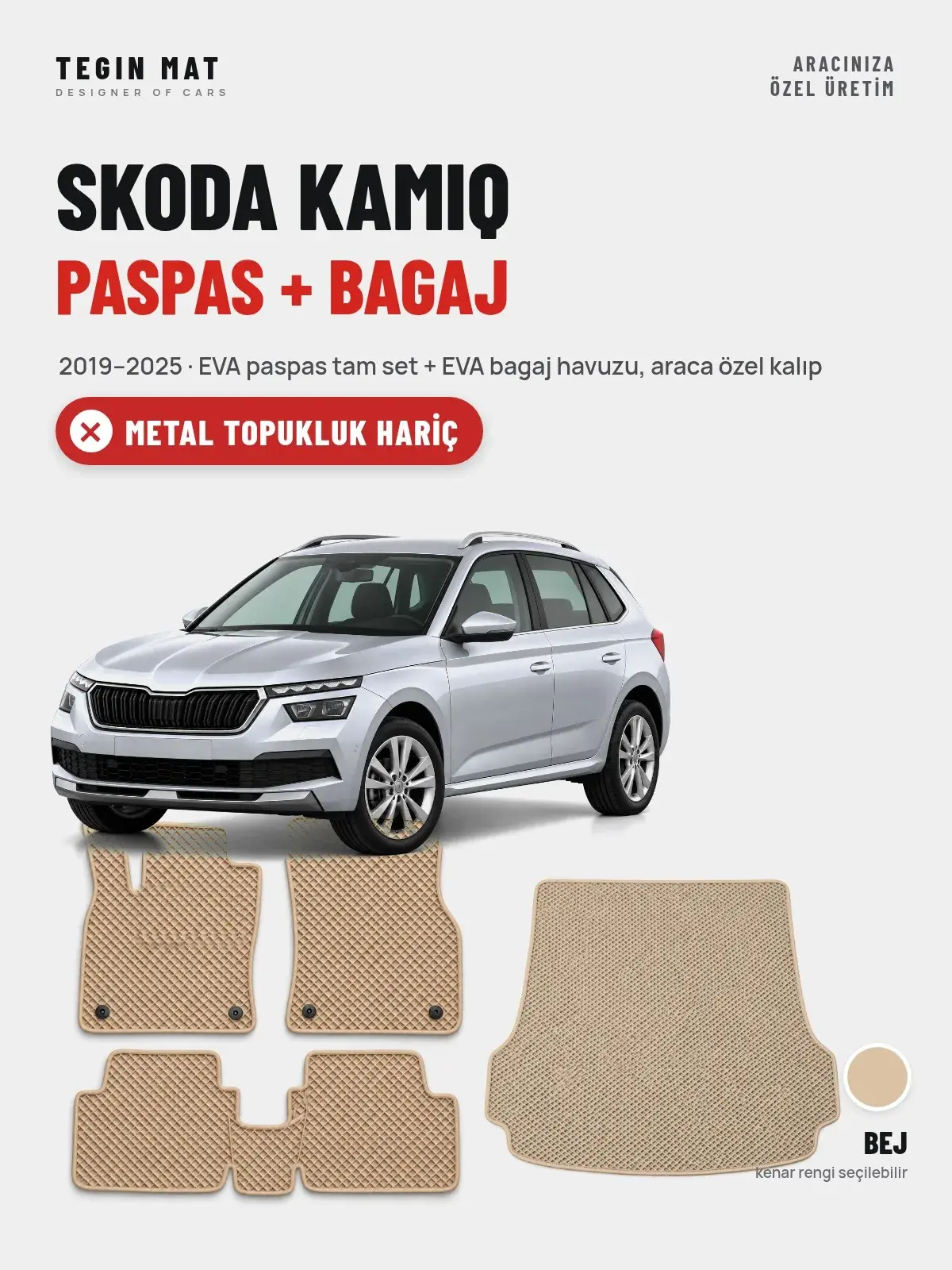 Skoda Kamiq EVA Paspas + Bagaj Havuzu Seti (2019–2025) Bej – Metal Topukluk Hariç (1)