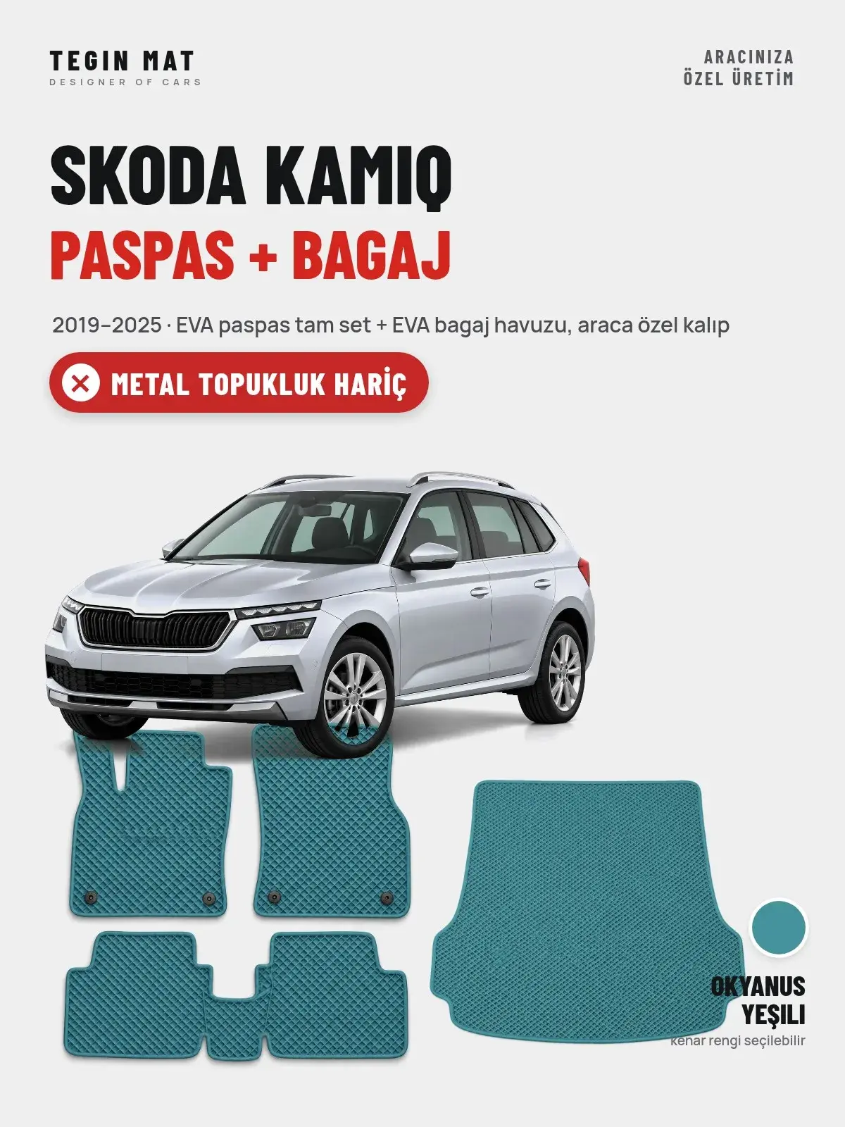 Skoda Kamiq EVA Paspas + Bagaj Havuzu Seti (2019–2025) Okyanus Yeşili – Metal Topukluk Hariç (1)