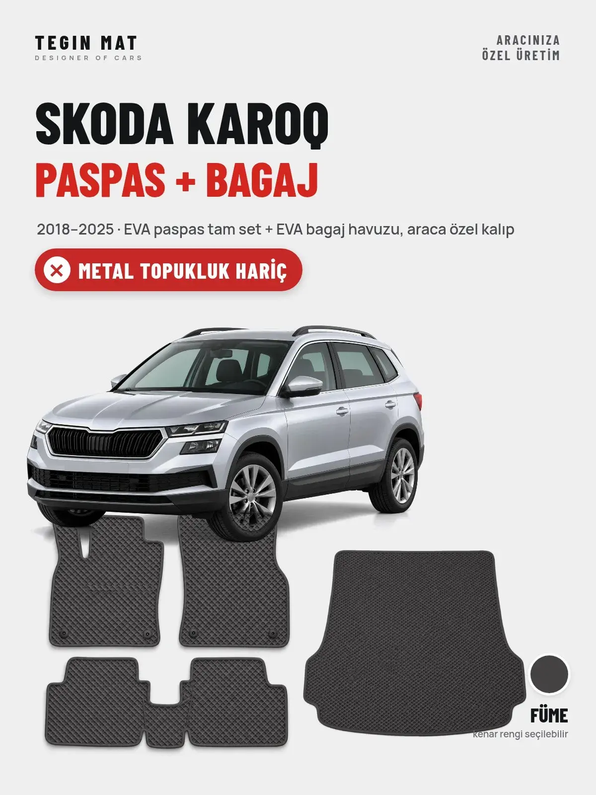 Skoda Karoq EVA Paspas + Bagaj Havuzu Seti (2018–2025) Füme – Metal Topukluk Hariç (1)