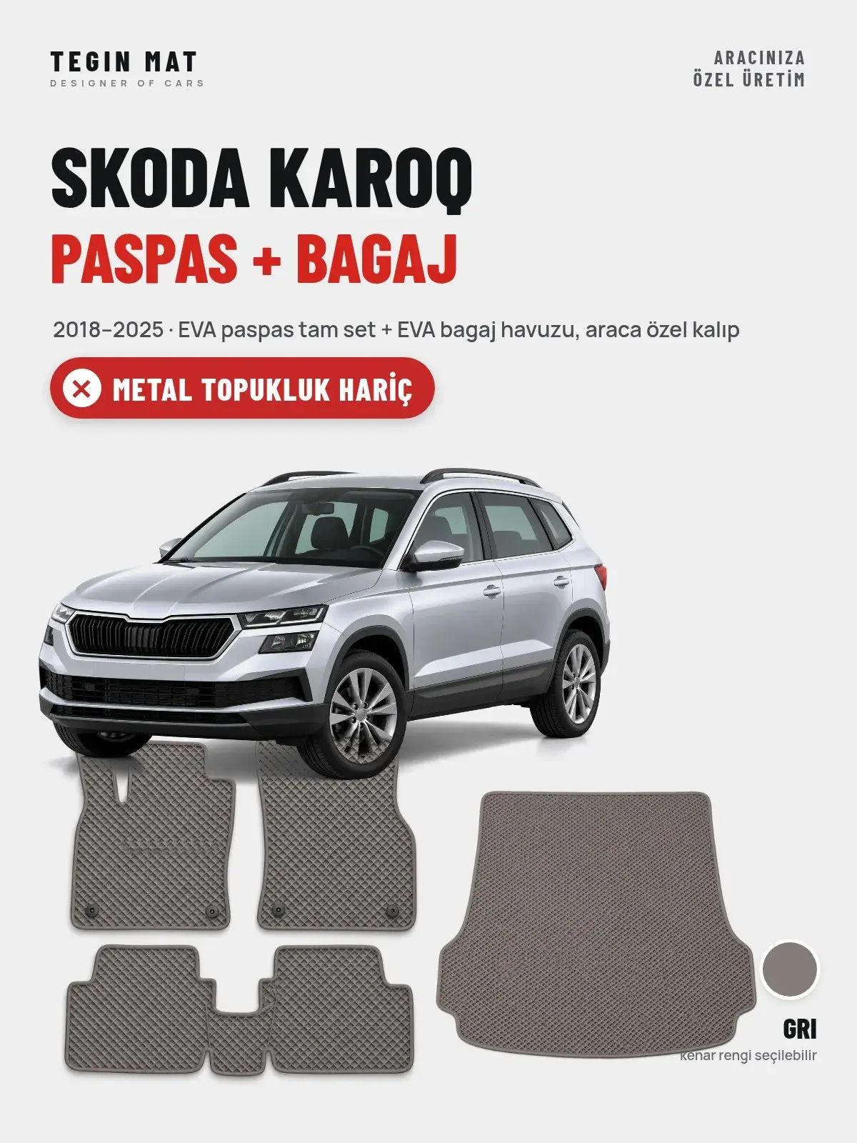 Skoda Karoq EVA Paspas + Bagaj Havuzu Seti (2018–2025) Gri – Metal Topukluk Hariç (1)