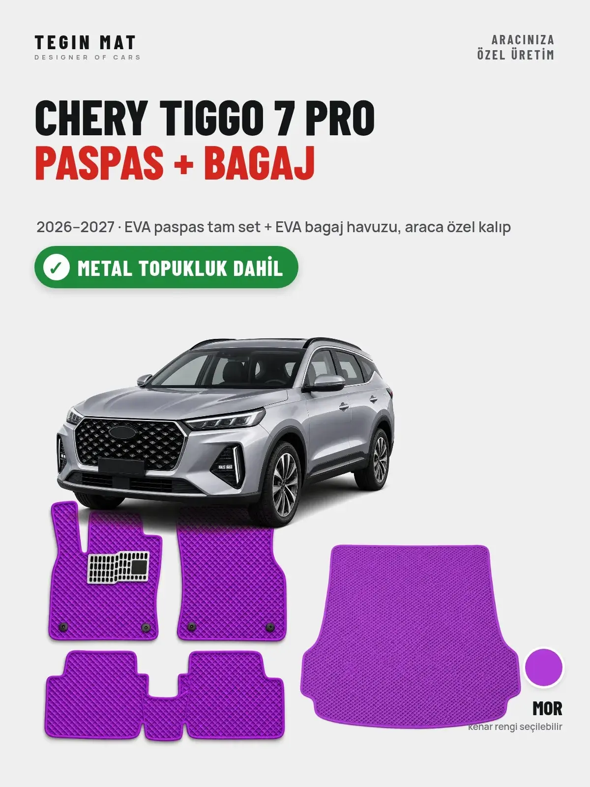 Chery Tiggo 7 Pro EVA Paspas + Bagaj Havuzu Seti (2026–2027) Mor – Metal Topukluk Dahil (1)