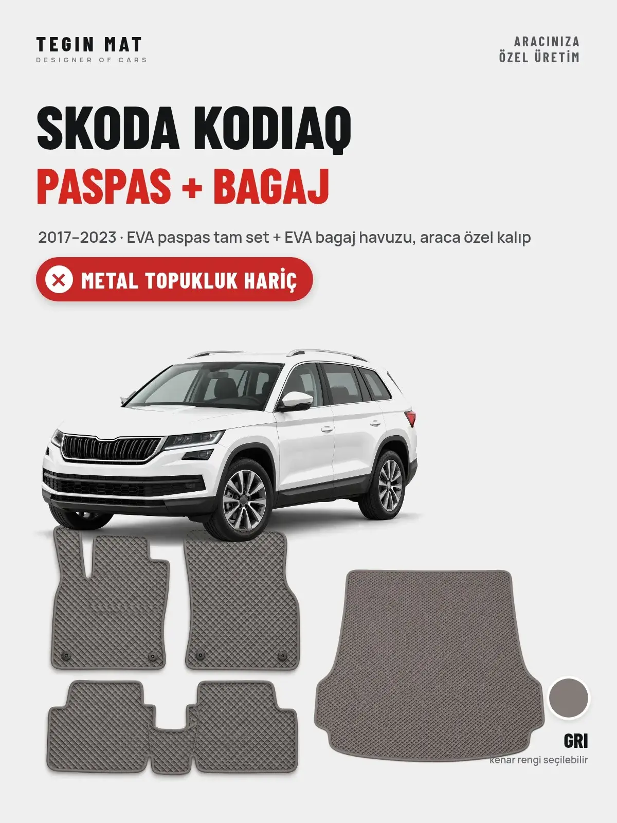 Skoda Kodiaq EVA Paspas + Bagaj Havuzu Seti (2017–2023) Gri – Metal Topukluk Hariç (1)