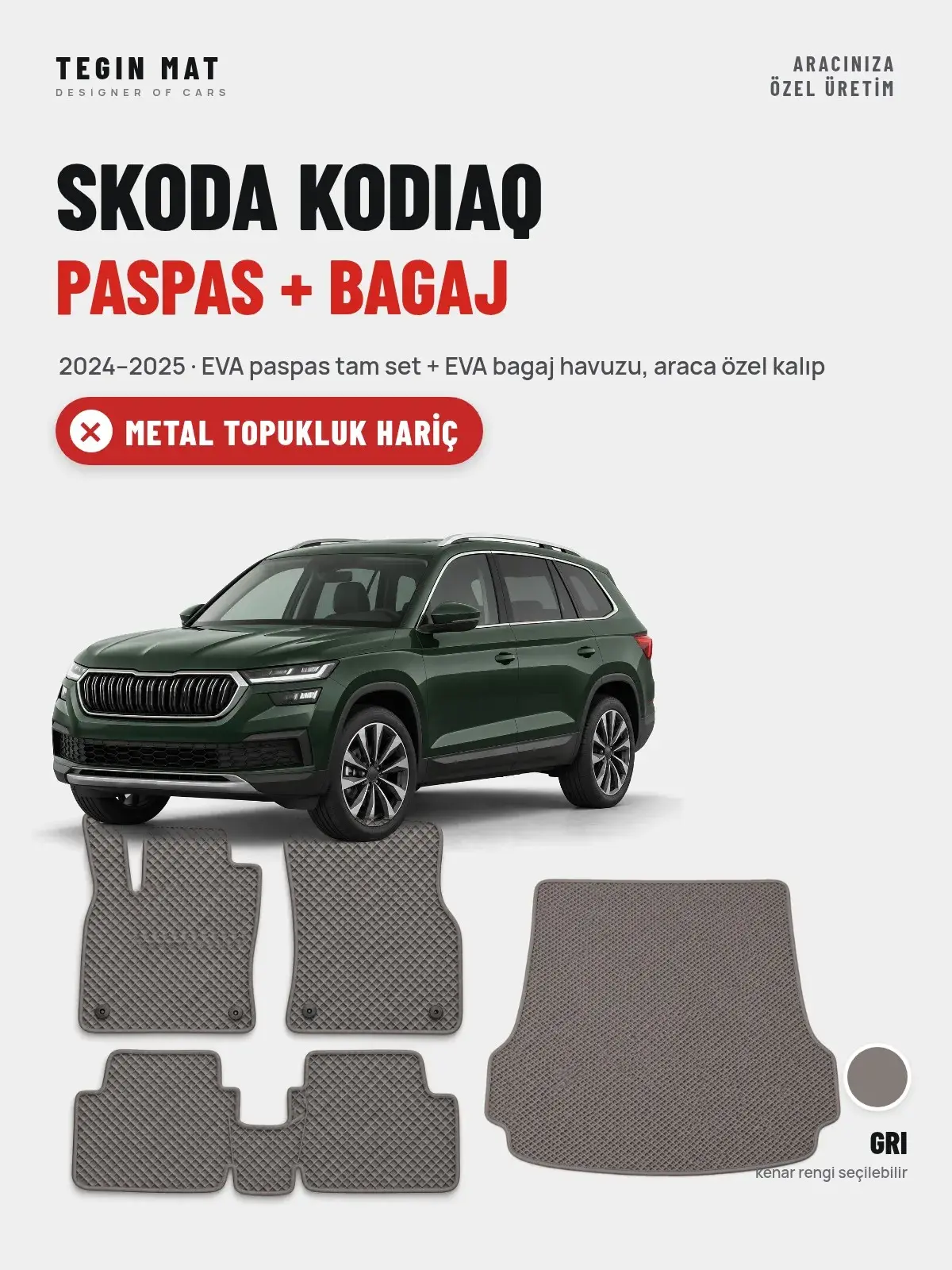 Skoda Kodiaq EVA Paspas + Bagaj Havuzu Seti (2024–2025) Gri – Metal Topukluk Hariç (1)