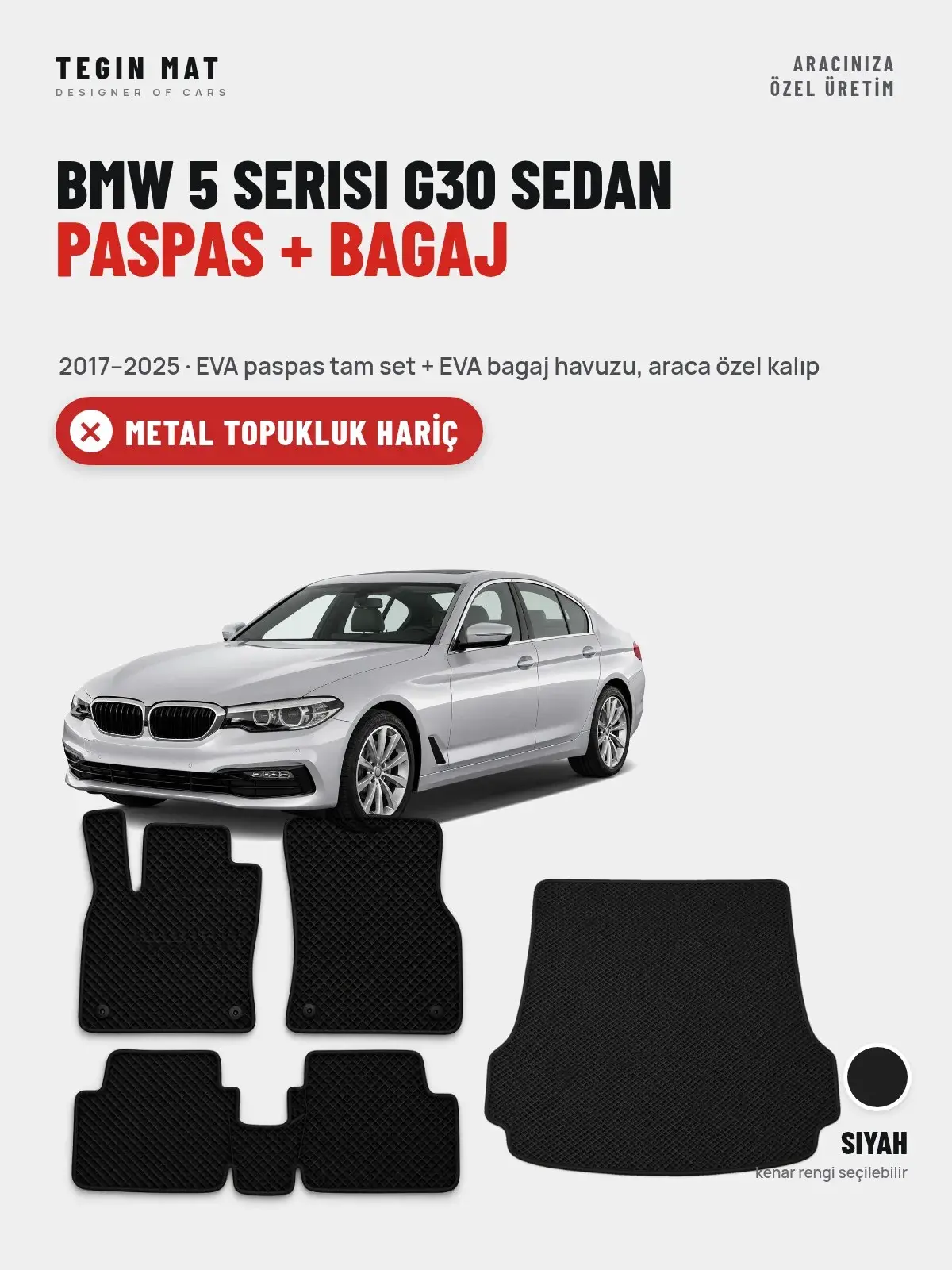 BMW 5 Serisi G30 Sedan EVA Paspas + Bagaj Havuzu Seti (2017–2025) Siyah – Metal Topukluk Hariç (1)