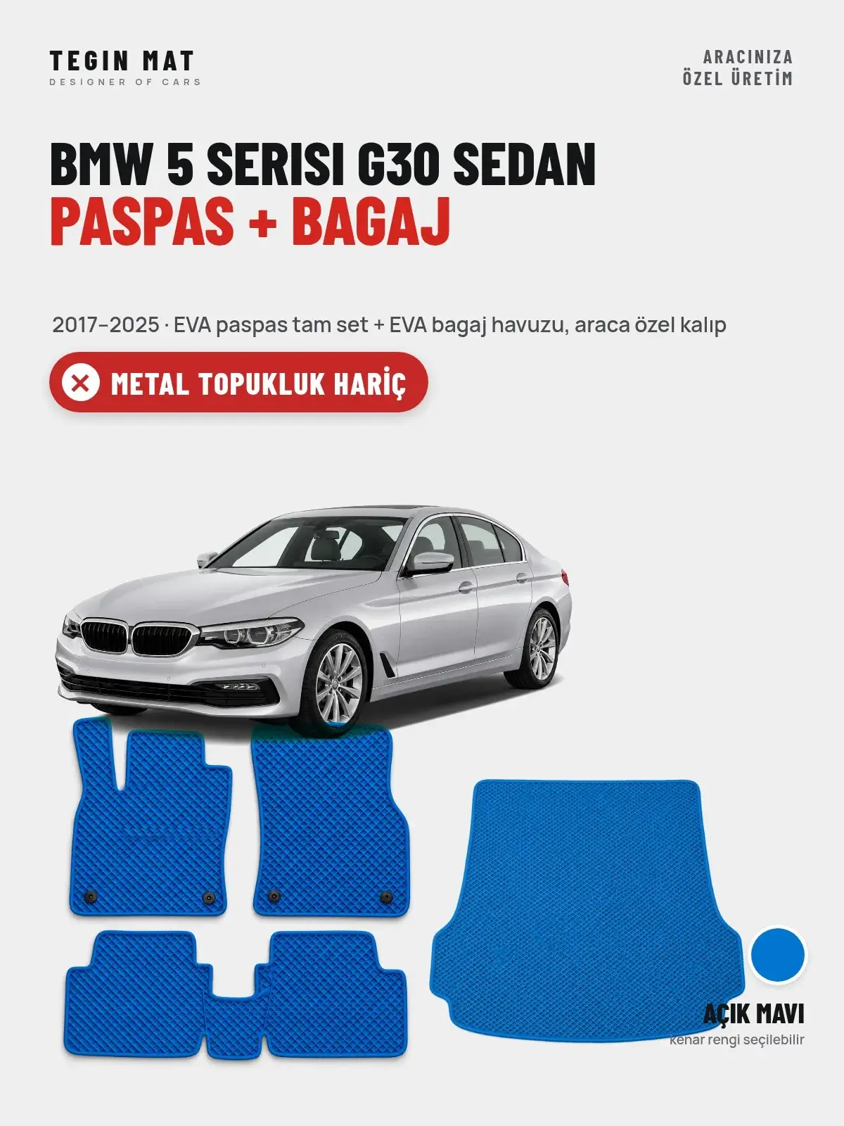 BMW 5 Serisi G30 Sedan EVA Paspas + Bagaj Havuzu Seti (2017–2025) Açık Mavi – Metal Topukluk Hariç (1)