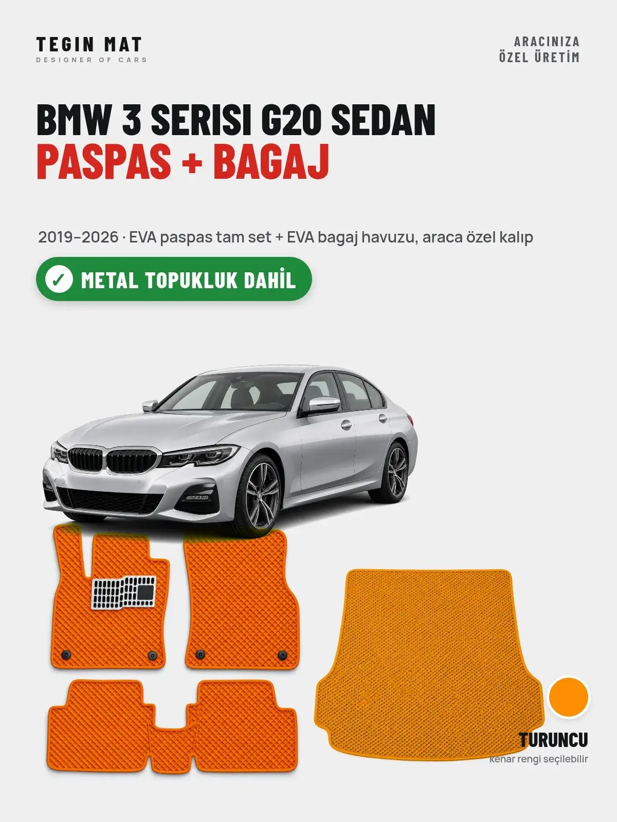 BMW 3 Serisi G20 Sedan EVA Paspas + Bagaj Havuzu Seti (2019–2026) Turuncu – Metal Topukluk Dahil (1)