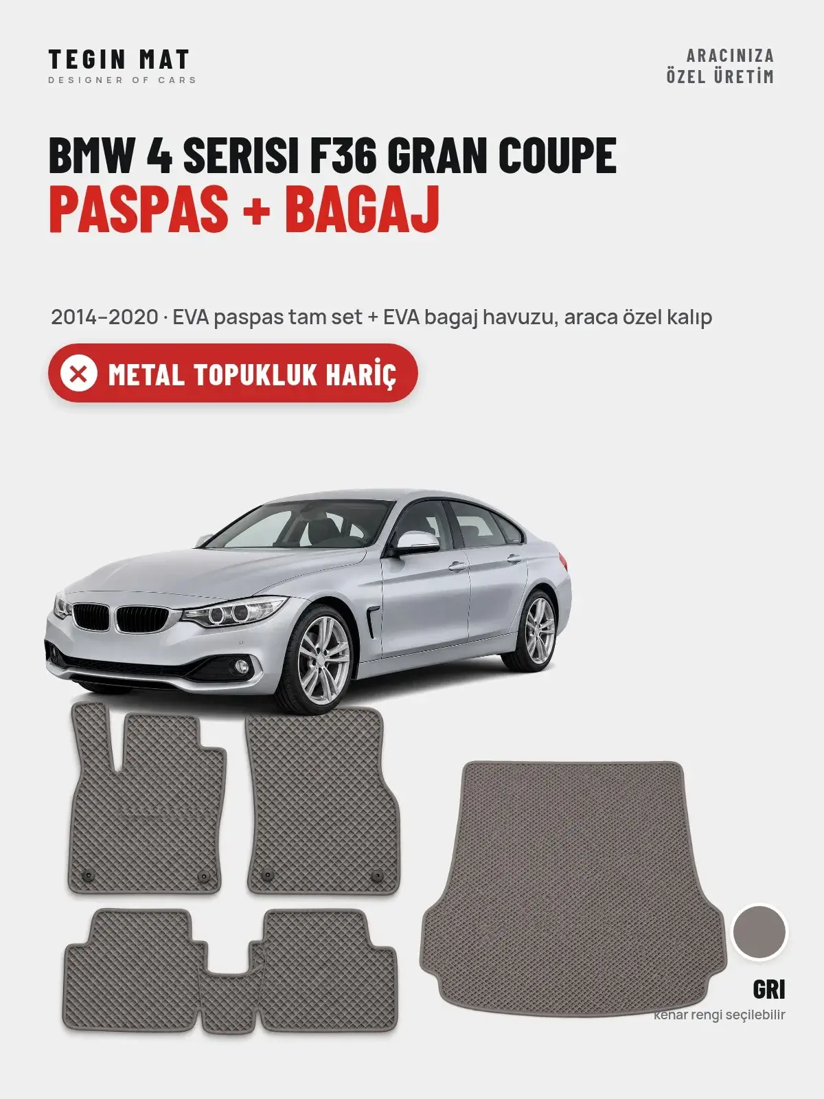 BMW 4 Serisi F36 Gran Coupe EVA Paspas + Bagaj Havuzu Seti (2014–2020) Gri – Metal Topukluk Hariç (1)