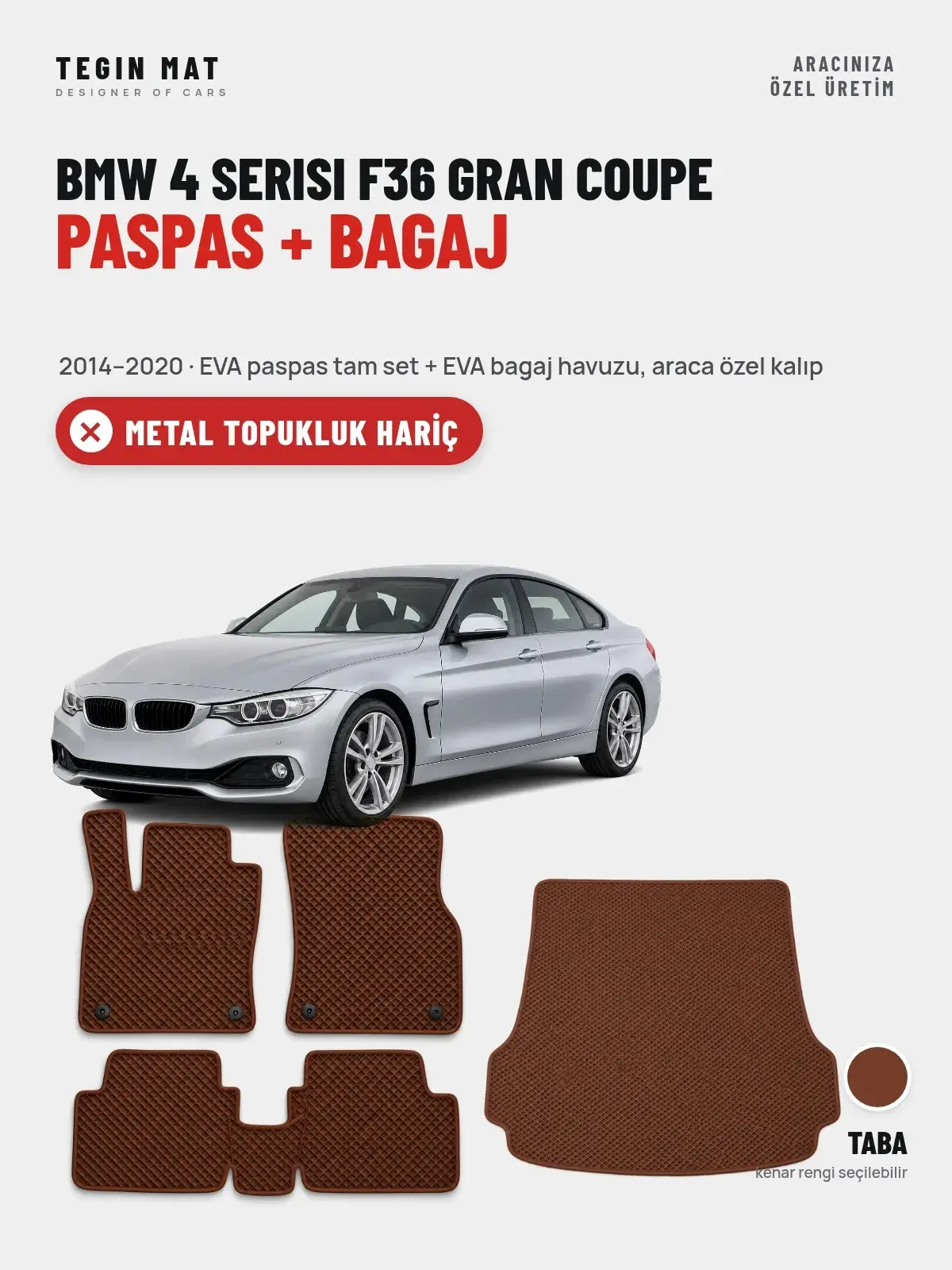 BMW 4 Serisi F36 Gran Coupe EVA Paspas + Bagaj Havuzu Seti (2014–2020) Taba – Metal Topukluk Hariç (1)