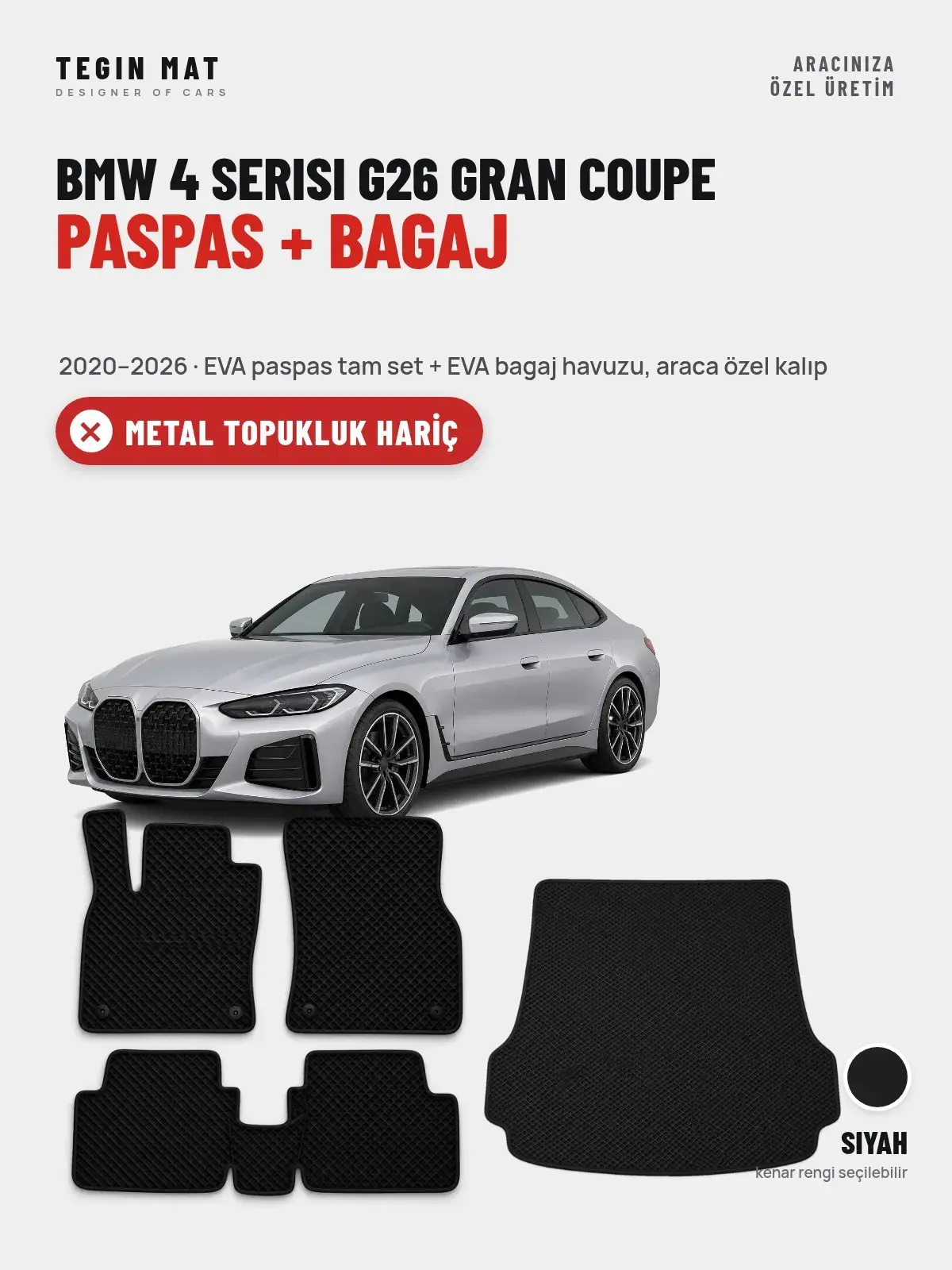 BMW 4 Serisi G26 Gran Coupe EVA Paspas + Bagaj Havuzu Seti (2020–2026) Siyah – Metal Topukluk Hariç (1)