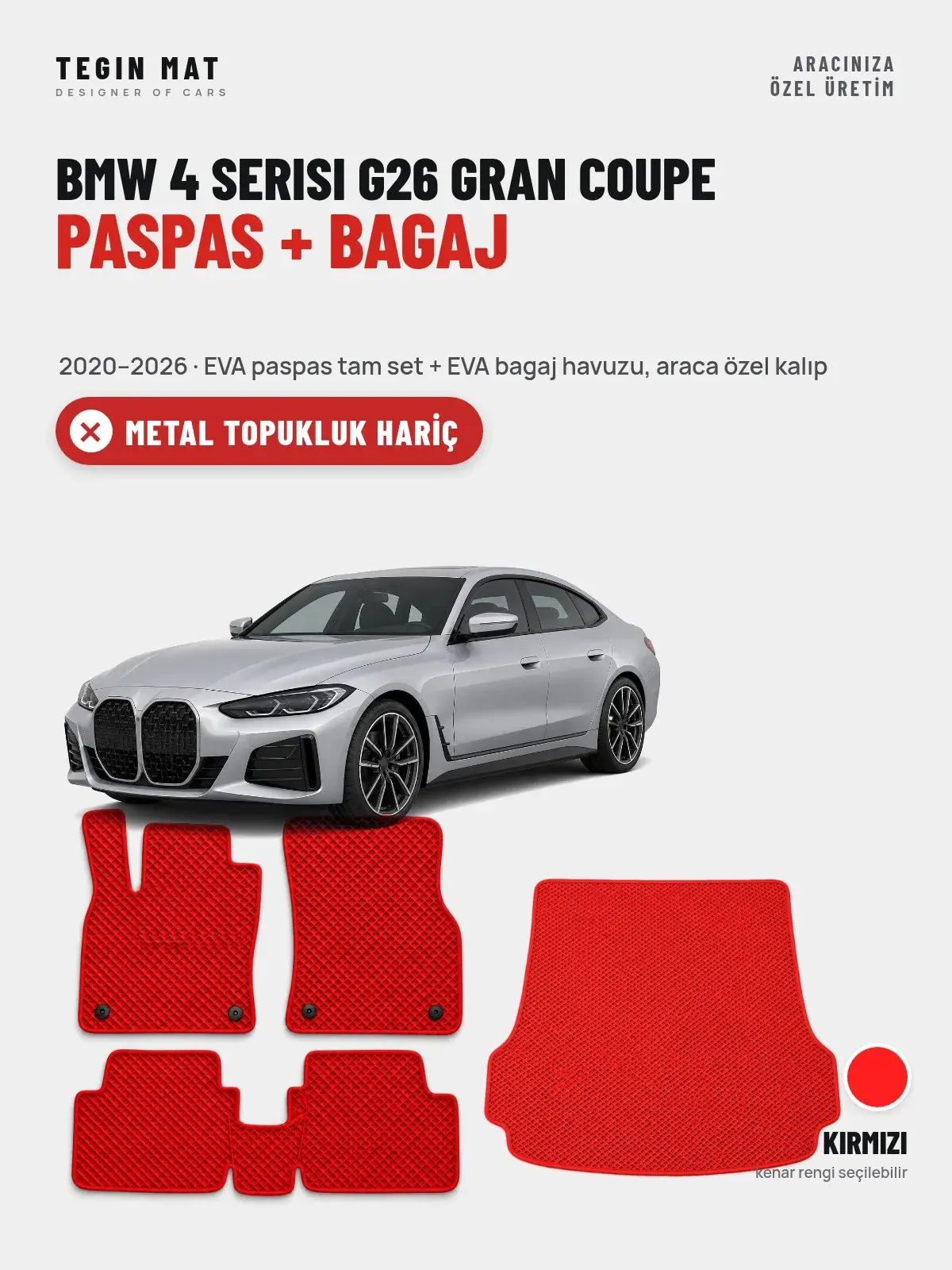BMW 4 Serisi G26 Gran Coupe EVA Paspas + Bagaj Havuzu Seti (2020–2026) Kırmızı – Metal Topukluk Hariç (1)