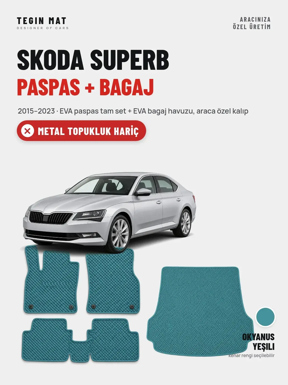 Skoda Superb EVA Paspas + Bagaj Havuzu Seti (2015–2023) Okyanus Yeşili – Metal Topukluk Hariç (1)