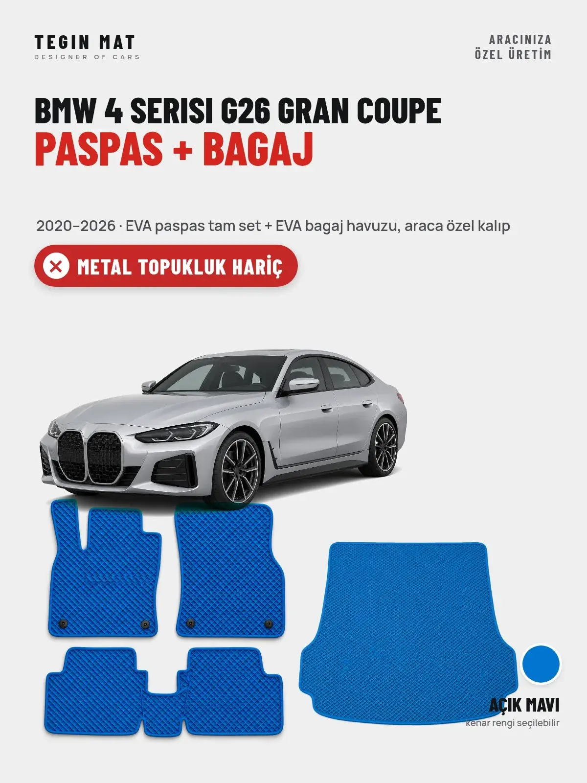 BMW 4 Serisi G26 Gran Coupe EVA Paspas + Bagaj Havuzu Seti (2020–2026) Açık Mavi – Metal Topukluk Hariç (1)