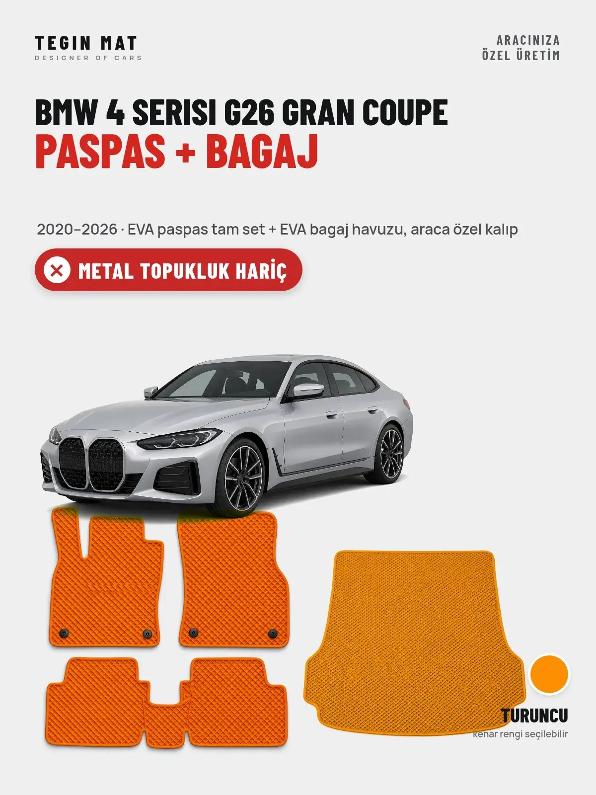 BMW 4 Serisi G26 Gran Coupe EVA Paspas + Bagaj Havuzu Seti (2020–2026) Turuncu – Metal Topukluk Hariç (1)