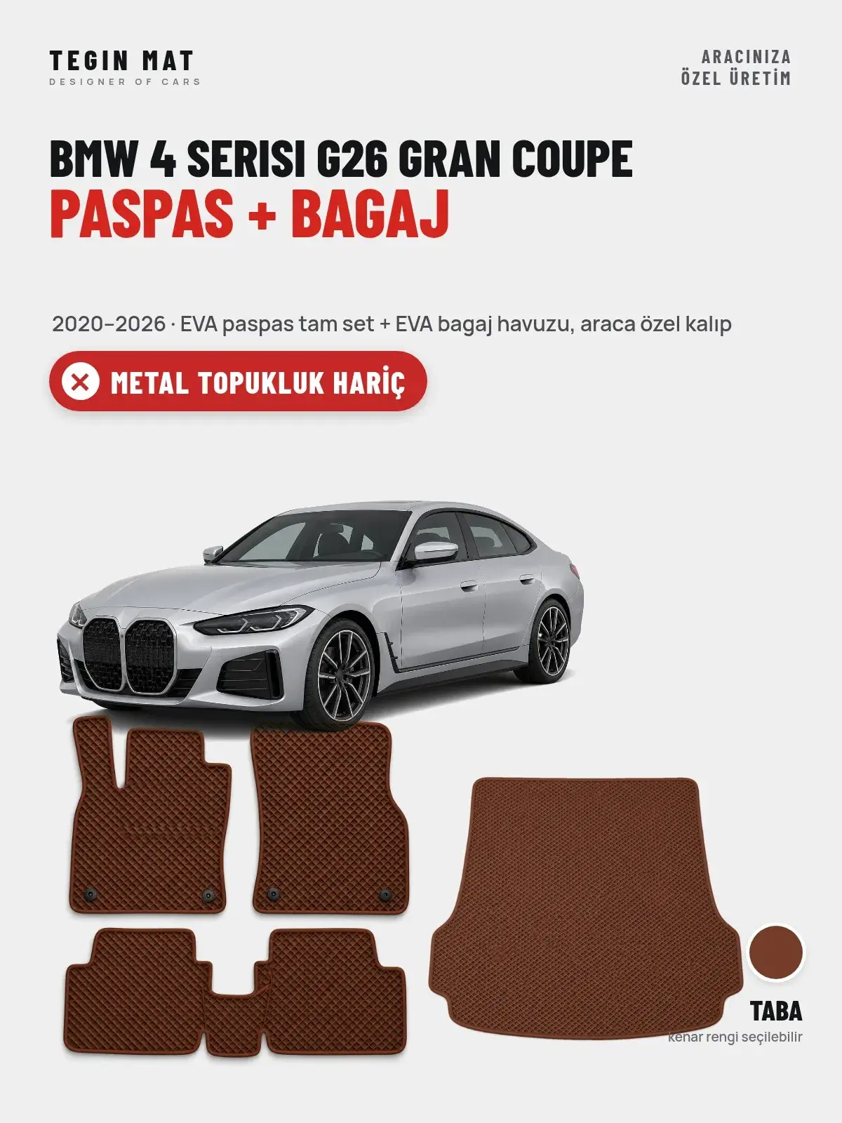 BMW 4 Serisi G26 Gran Coupe EVA Paspas + Bagaj Havuzu Seti (2020–2026) Taba – Metal Topukluk Hariç (1)
