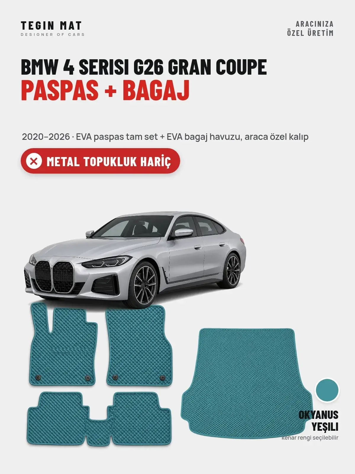 BMW 4 Serisi G26 Gran Coupe EVA Paspas + Bagaj Havuzu Seti (2020–2026) Okyanus Yeşili – Metal Topukluk Hariç (1)