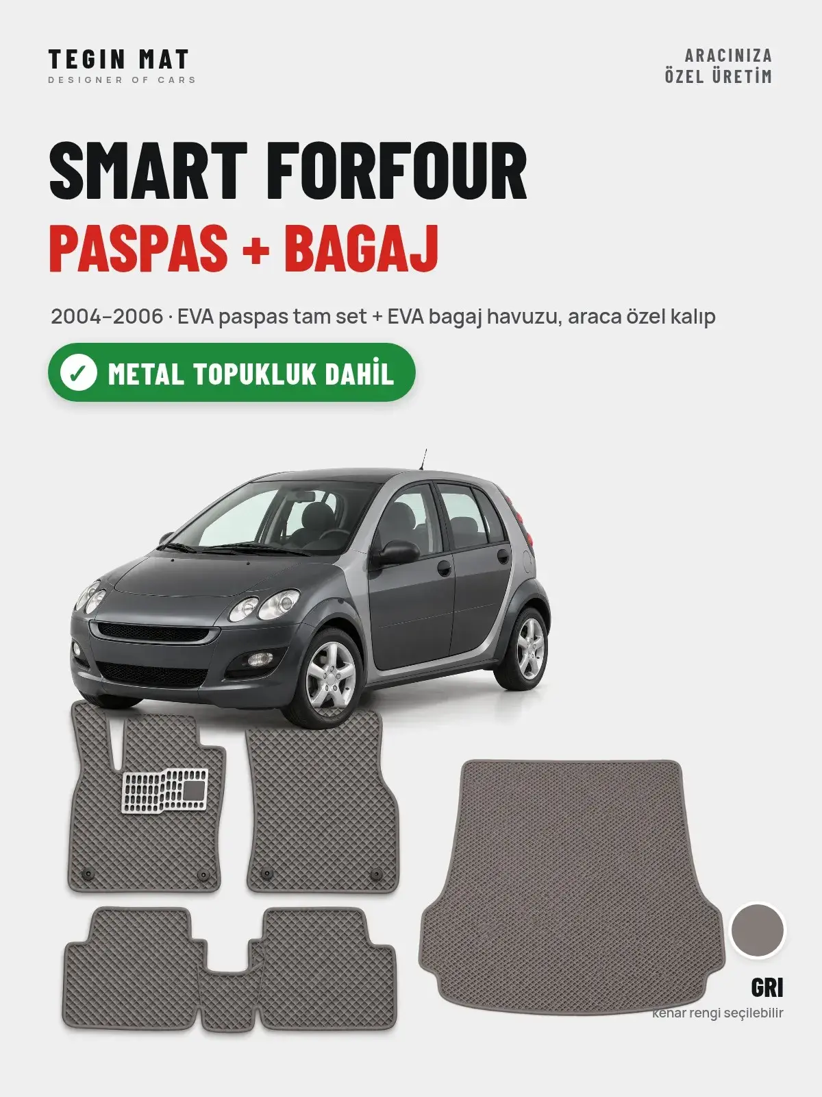 Smart Forfour EVA Paspas + Bagaj Havuzu Seti (2004–2006) Gri – Metal Topukluk Dahil (1)